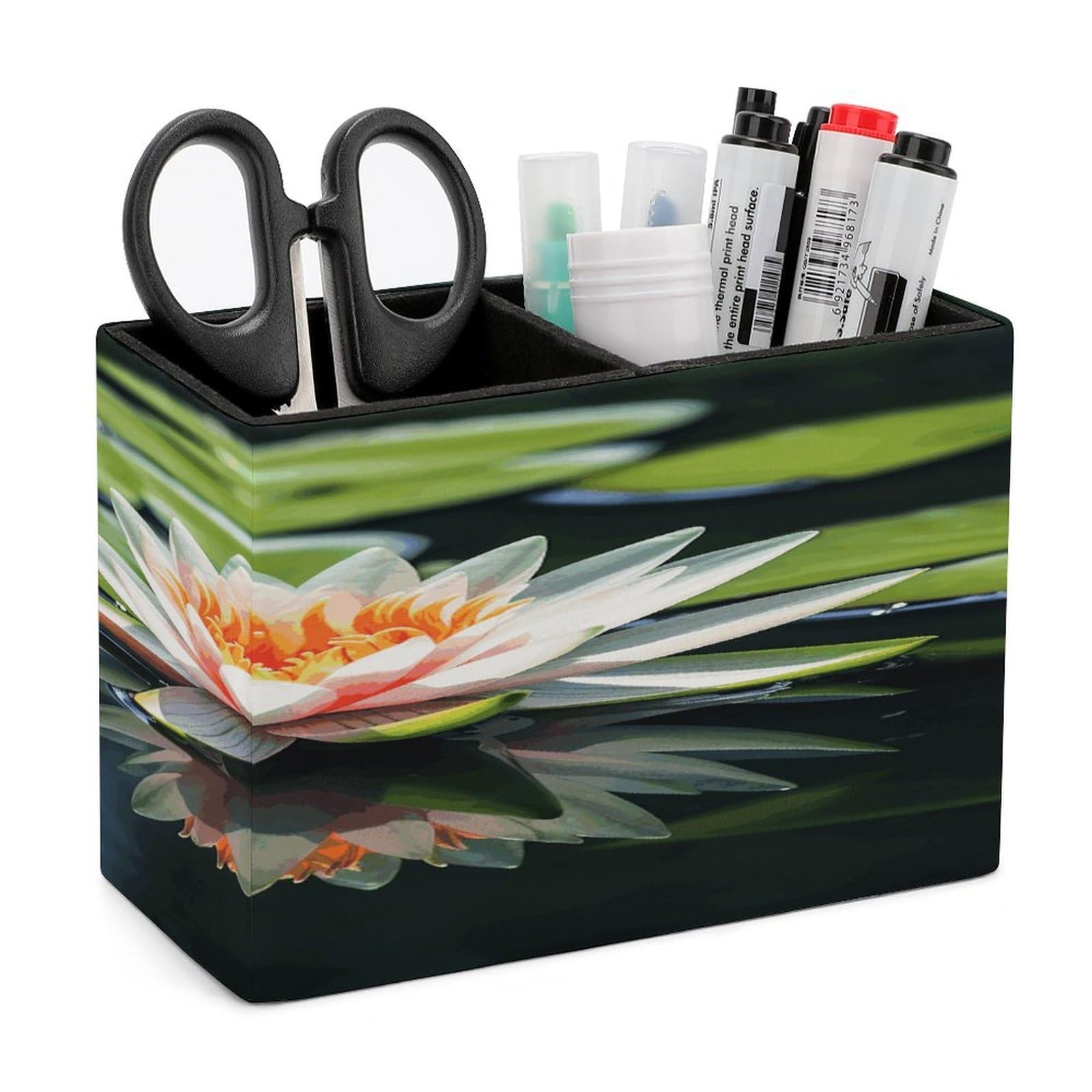 FodPand Water Lily Leather Pen Holder for Desk Organizers Caddy Pencil Holder Multi-function Pen Organizer Large Makeup Brush Holders Pencil Cup for Home Office Storage Box