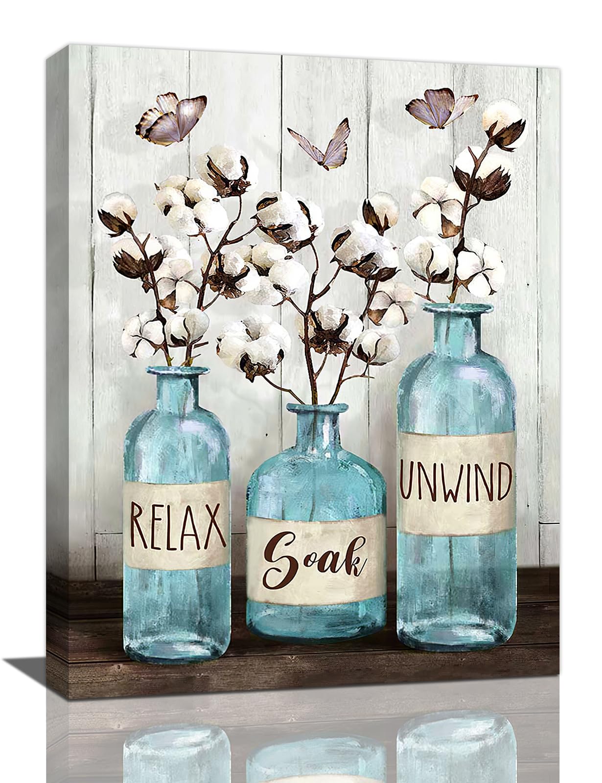 remzoke Bathroom Wall Art Farmhouse Decor Rustic Pictures for Wall Cotton Blue Jar Canvas Prints Relax Soak Unwind Signs Painting Modern Artwork Home