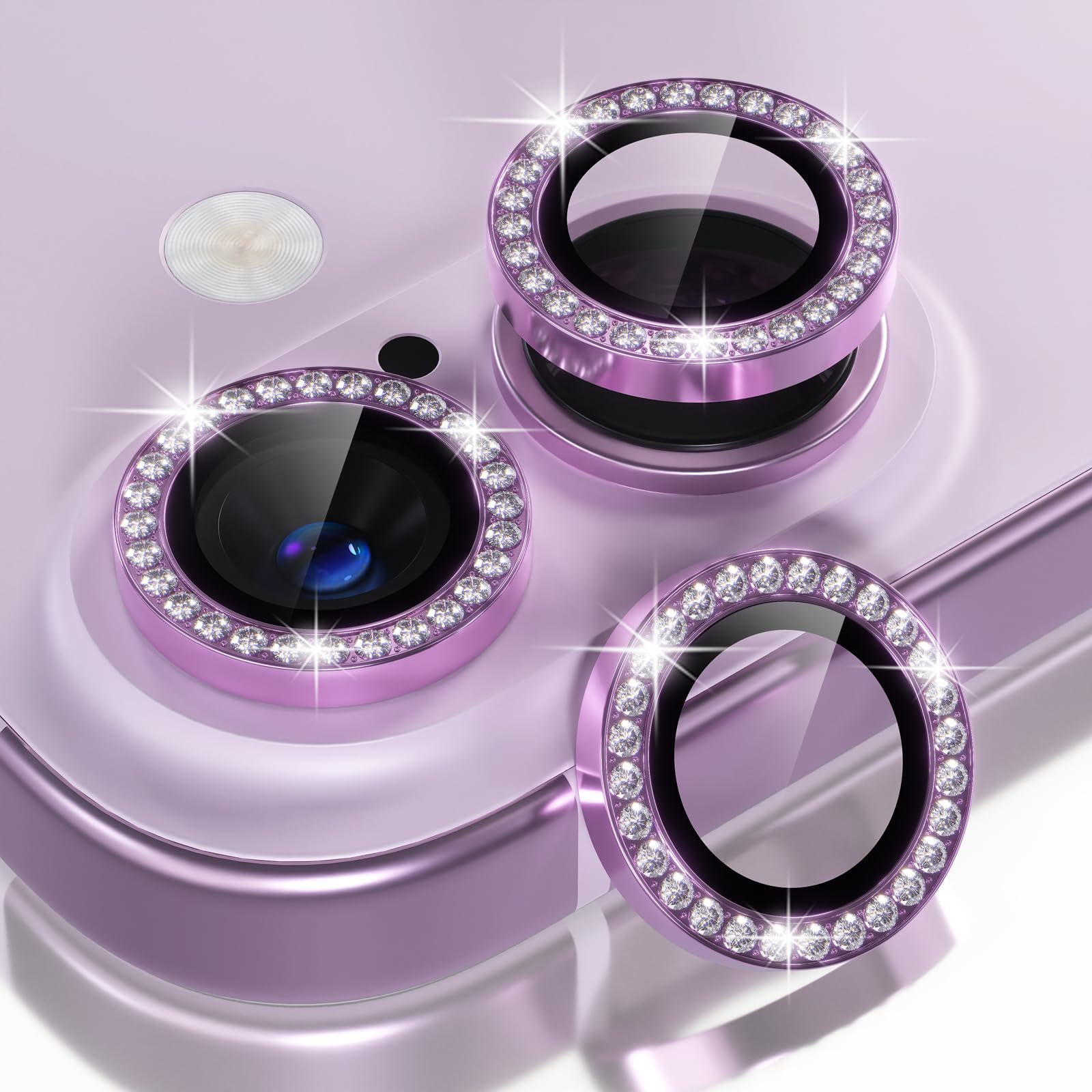 Choiche Compatible for iPhone 16 /iPhone 16 Plus Camera Lens Protector Bling, 9H Tempered Glass Camera Cover Screen Protector Metal Ring Decoration Accessories(Diamond-Pink)