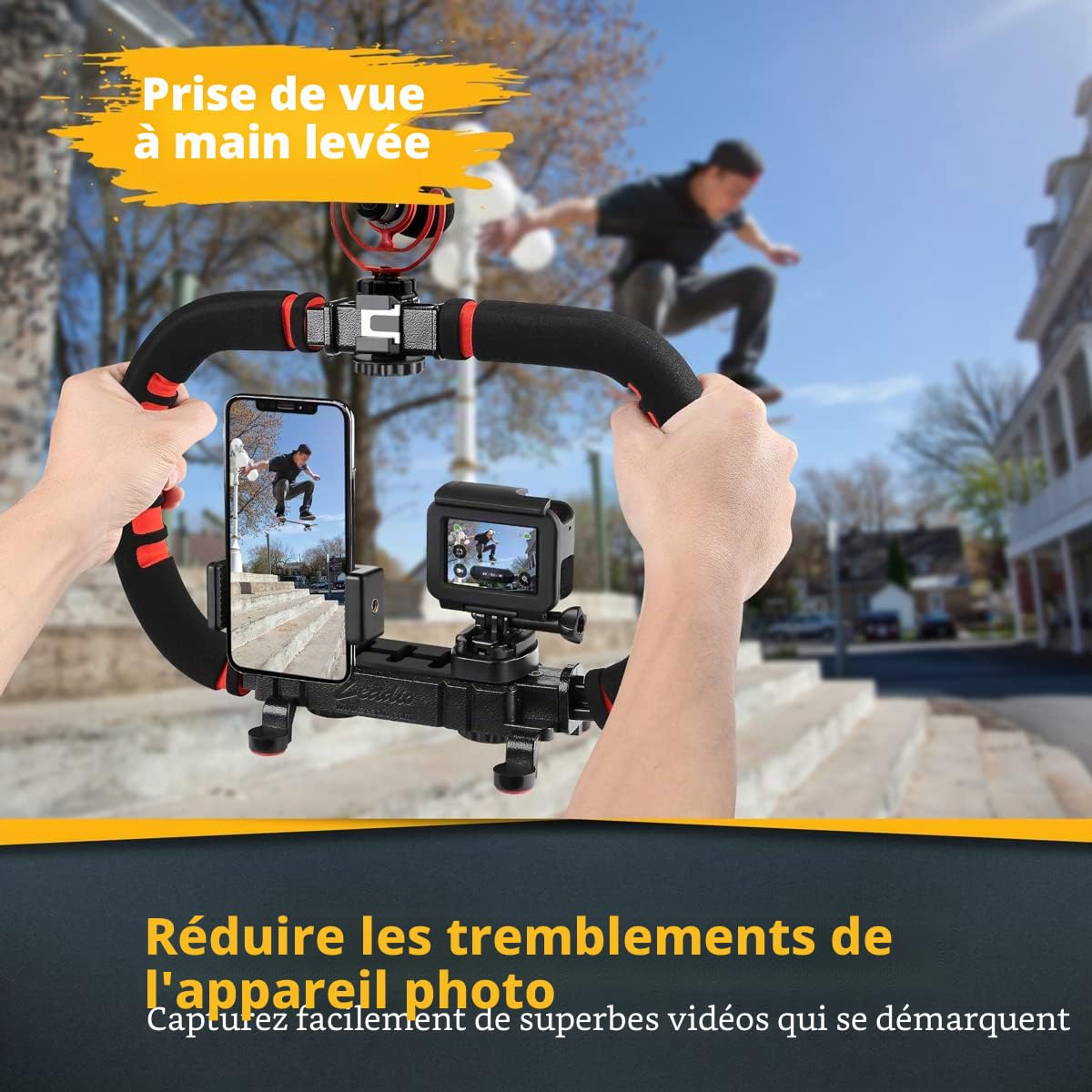 Zeadio Stabilisateur pour Smartphone, poignée de Prise de Vue à Main, compatibilité avec Toutes Les caméras, caméscopes, caméras d’Action, DSLR et pour Tous Les Smartphones iPhone et Android
