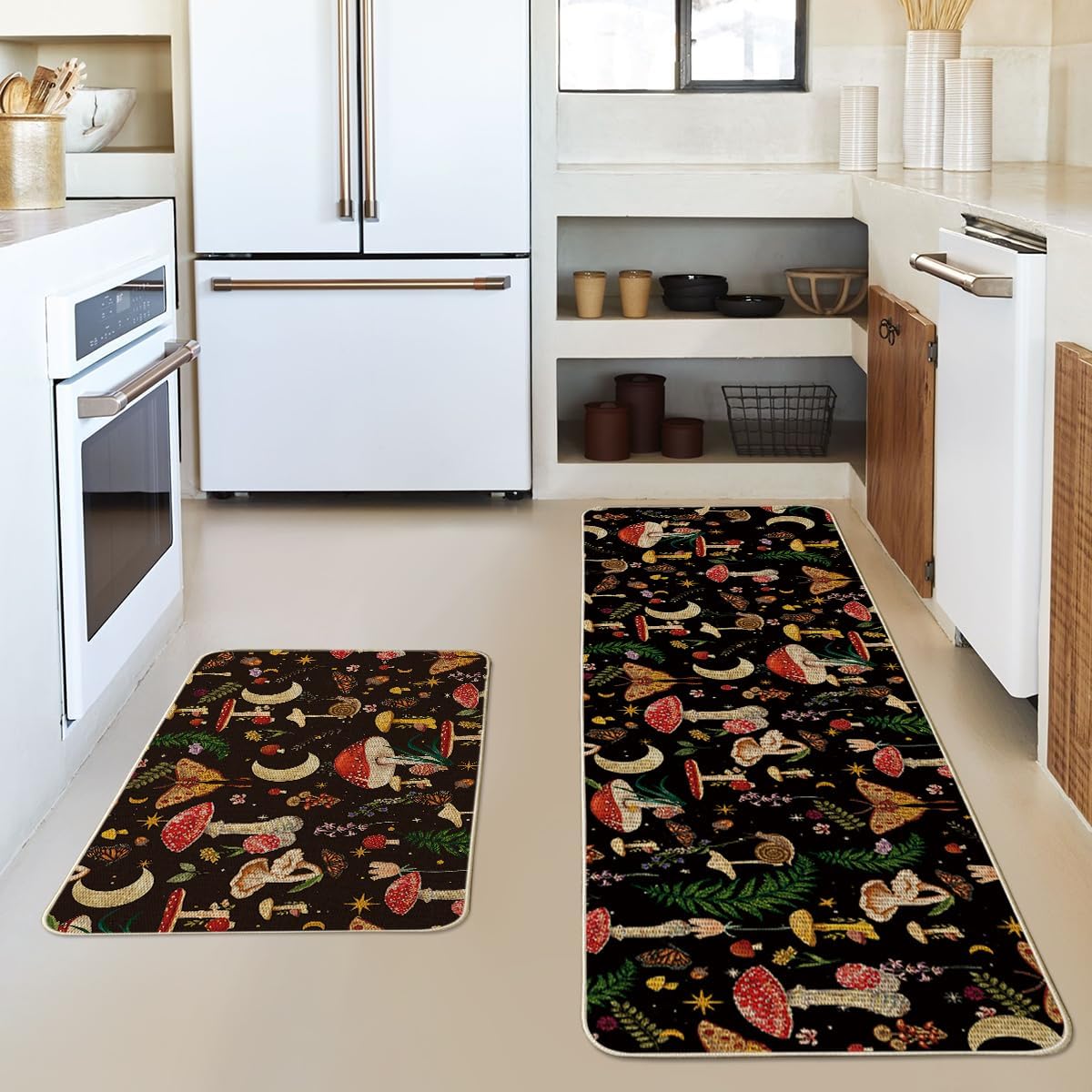 Artoid Mode Mushrooms Butterfly Spring Kitchen Mats Set of 2, Home Decor Low-Profile Kitchen Rugs for Floor - 17x29 and 17x59 Inch