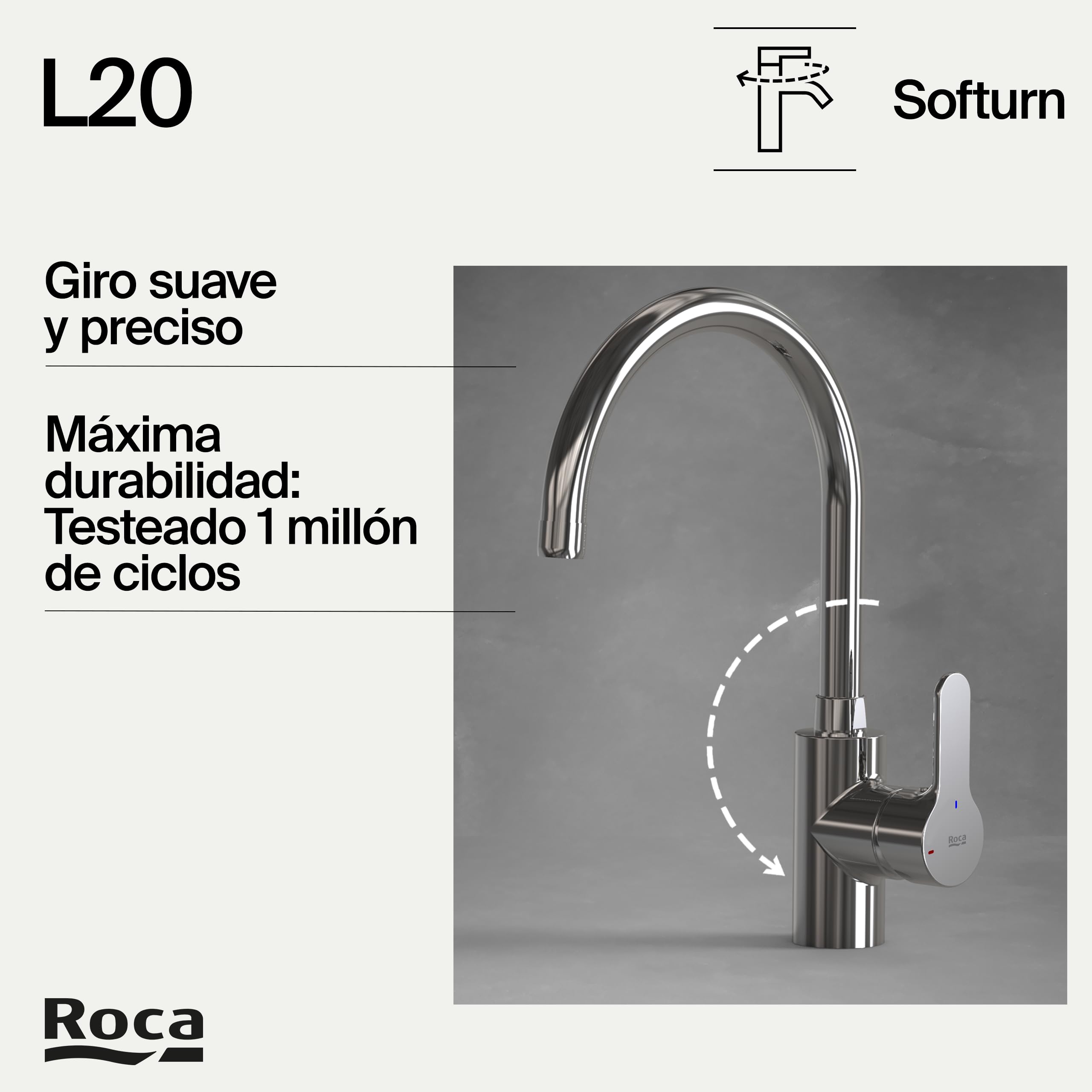 Roca,L20,Grifería monomando para cocina con caño giratorio, Cold Start,A5A8409C00