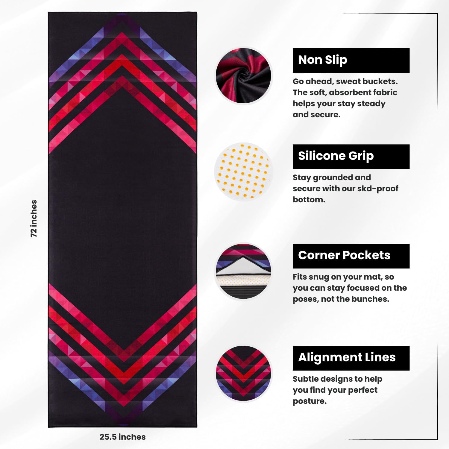 Yoga Grip Yoga Towel - Non Slip Hot Yoga Mat Towel With Corner Pockets, No-Skid Grip, and Built-in Alignment Lines | Soft, Moisture Wicking, and Sweat Absorbent | No Bunching, Stays in Place 72" x 25"