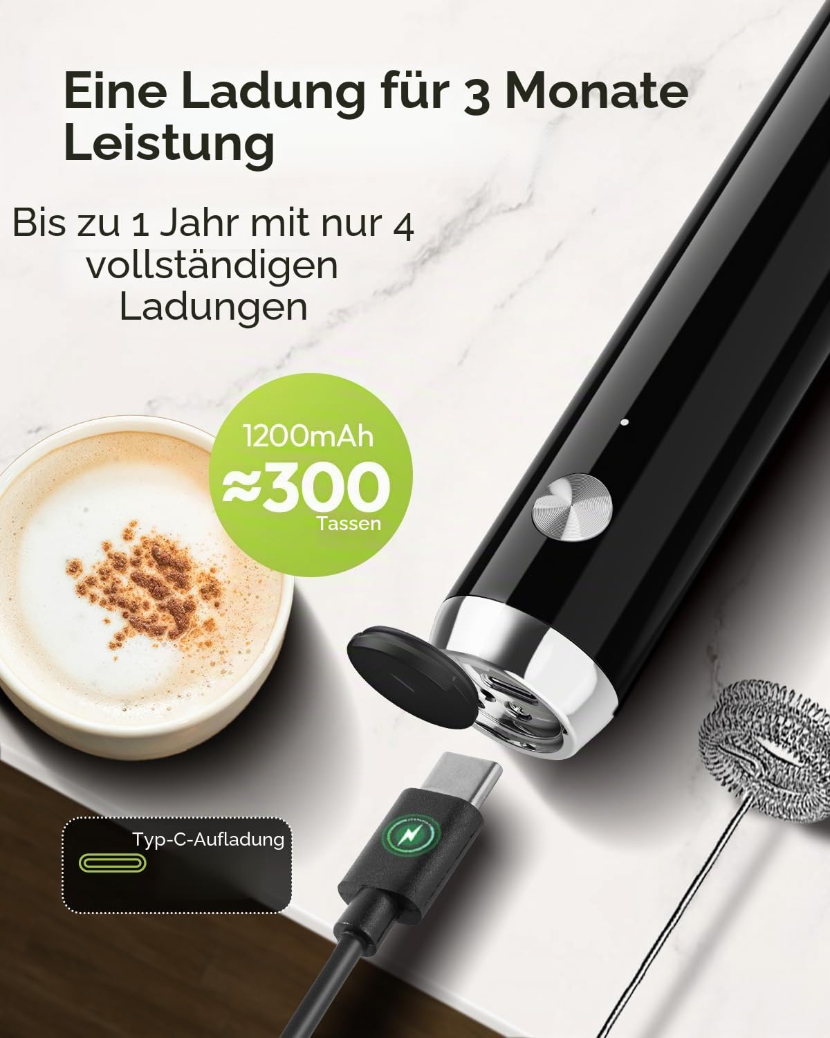 MaestriHouse wiederaufladbarer Milchaufschäumer, tragbar, elektrisch, wasserdicht, abnehmbarer Edelstahl-Schneebesen, Getränkemixer, Ständer, 2 Schneebesen,LunaFro
