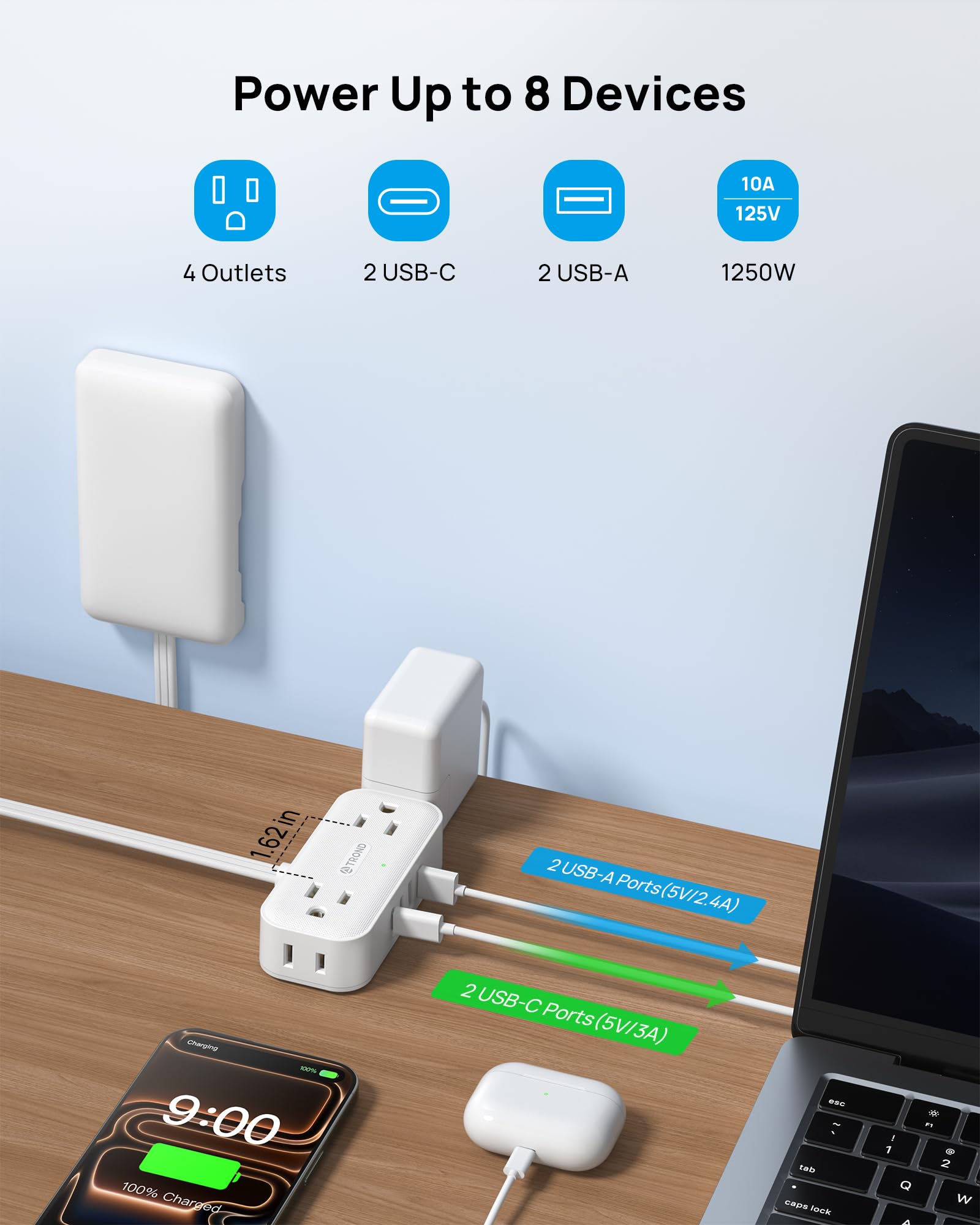 TROND 3FT Flat Extension Cord with Ultra-Thin Outlet Cover, Flat Wall Plug Power Strip with 4 AC 4 USB Ports, Hidden Outlet Extender for Tight Spaces, 10A/1250W, 900J Surge Protection, White — view 2
