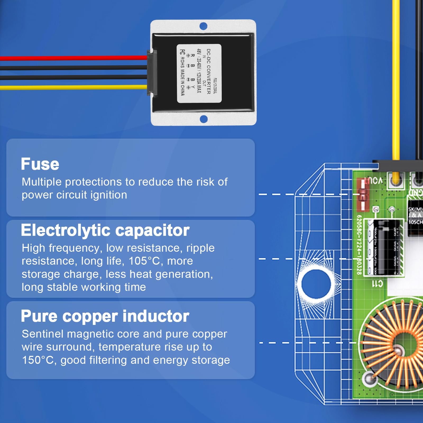 Régulateur de Tension 24V 36V 48V à ​​12V 20A, Convertisseur DC-DC Buck | IP67 Étanche Module Abaisseur de Tension Transformateur, pour Voiture