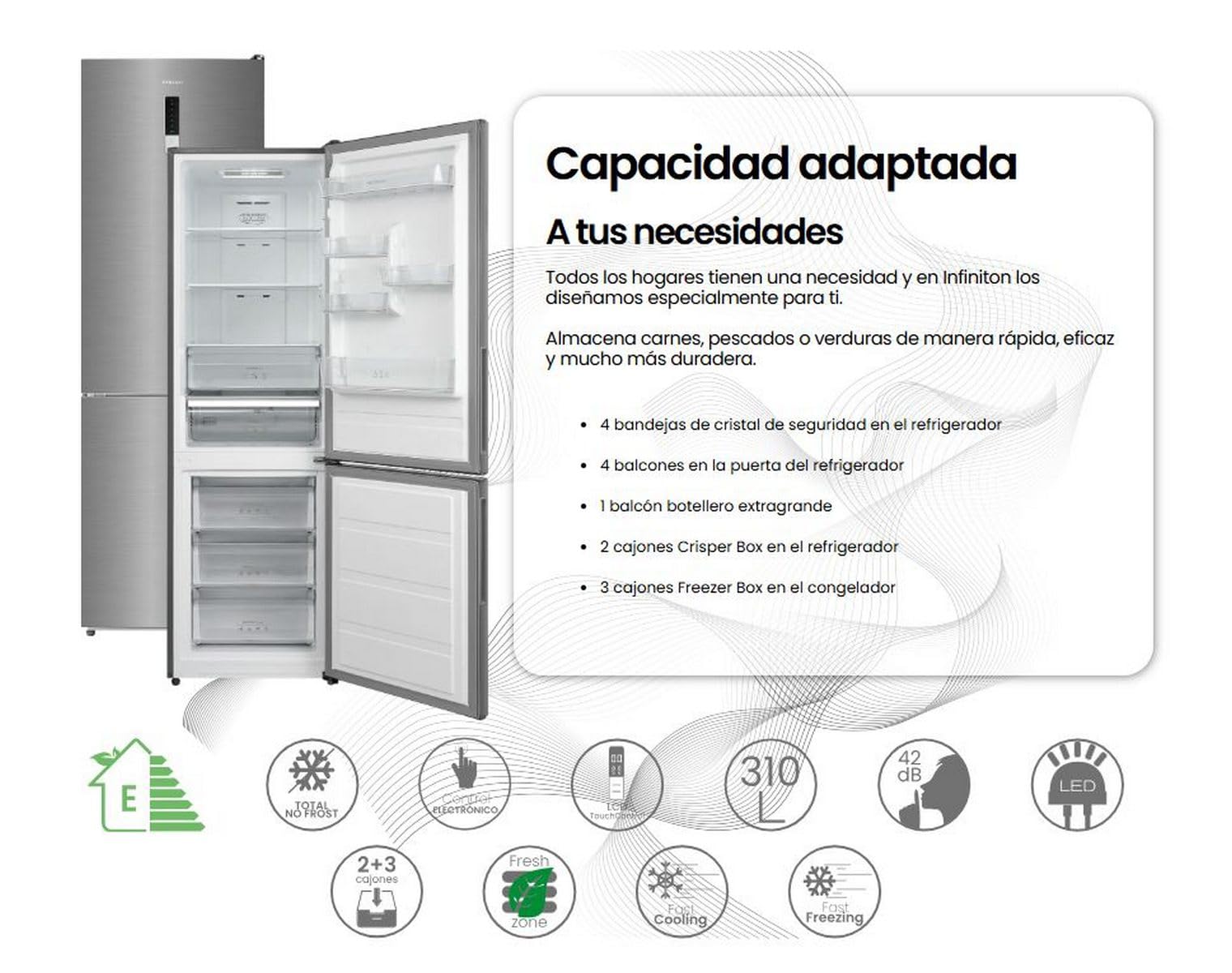 Infiniton Frigorifico CombiFGC-310C88XEE, 310 litri, altezza 188 cm, No Frost Total, Fast Cooling e Fast freezing, LED interno, E, Inox