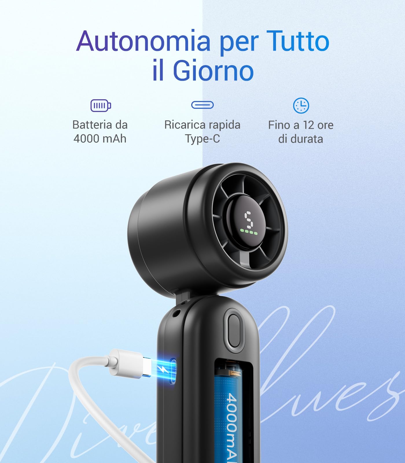 Diveblues Ventilatore Portatile a Mano 3 in 1, Mini Turbo Ventilatore USB Ricaricabile con Batteria da 4000mAh, 5 Velocità e fino a 12H di Raffreddamento, Viaggio, Ufficio, Esterni