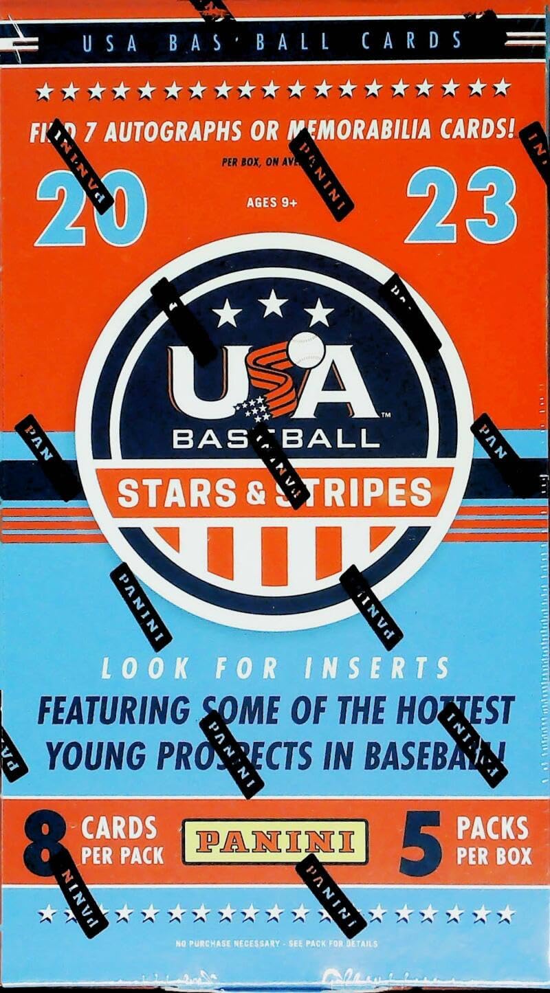 Panini 2023 USA Baseball Stars and Stripes Factory Sealed Hobby Box 7 Auto or Memorabilia Hits Per Box (5 Packs of 8 Cards) Chase the ultra rare Kaboom Insert