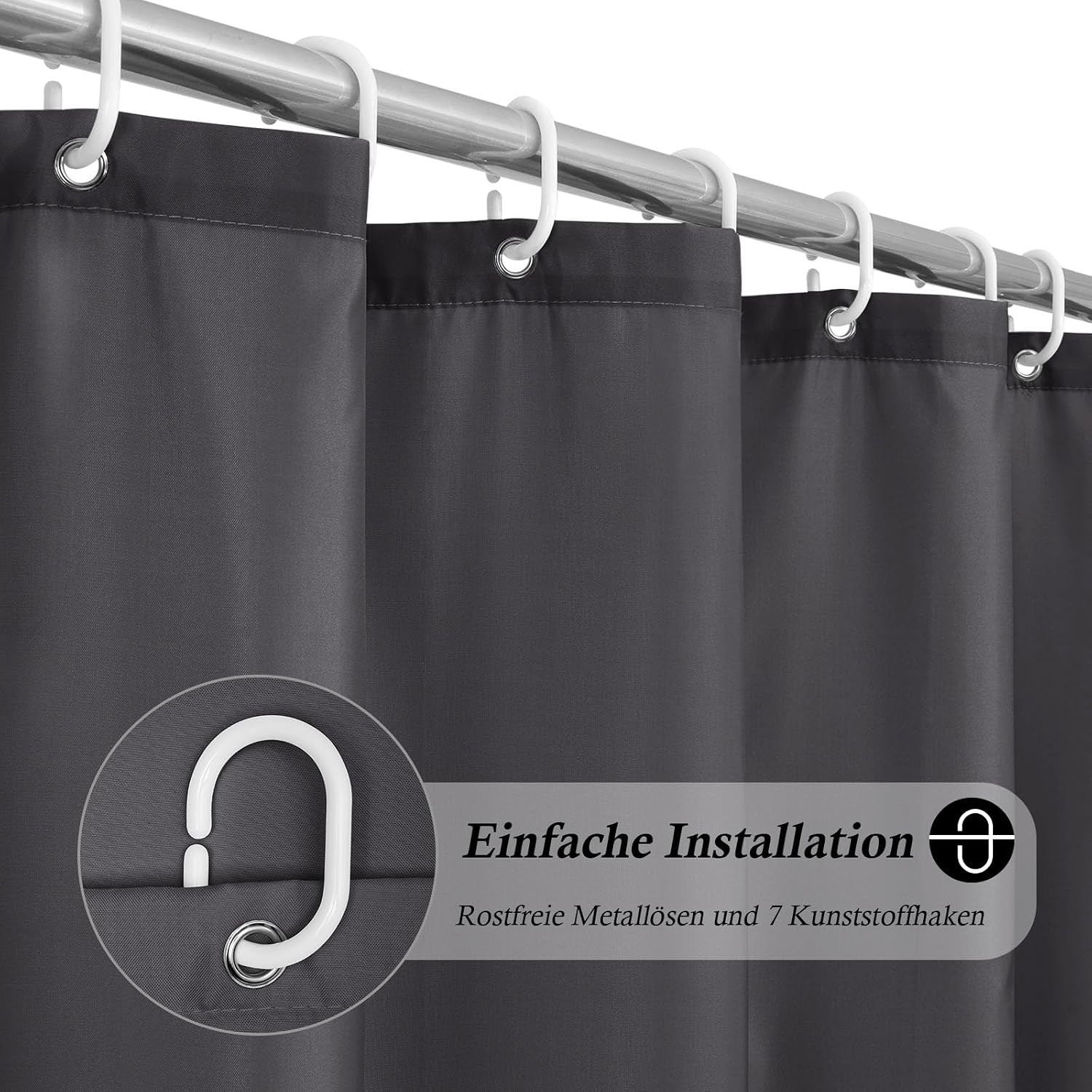 EurCross Small Shower Curtain 100 x 180 cm, Textile Slim Waterproof Washable Shower Curtain, Dark Grey Polyester Fabric, Anti-Mould Bath Curtain with 7 Rings Darkgray 100 x 180 cm