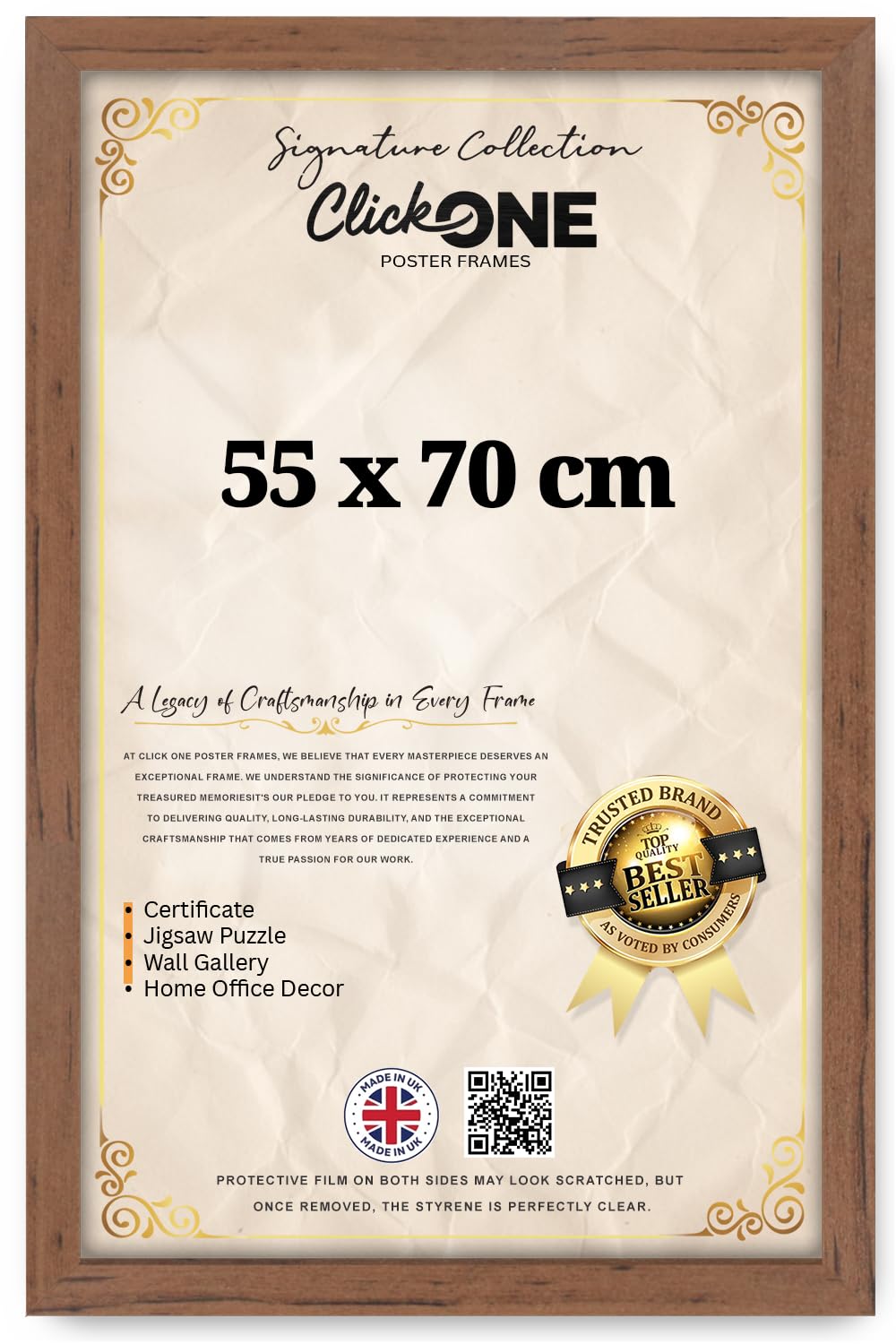 Poster Frame - Walnut 55x70 cm mdf backing with both ways hanging hooks |Picture Photo frame 70x55cm |Acrylic front | Home & Office Decor