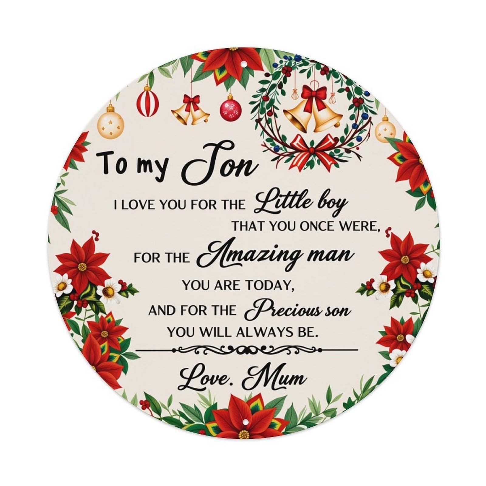 Christmas Floral Wreath Bells Poinsettia Metal Tin Sign Vintage Garden Bedroom Cafe Bar Man Cave Home Wall Decor Metal Poster 8x8 inches