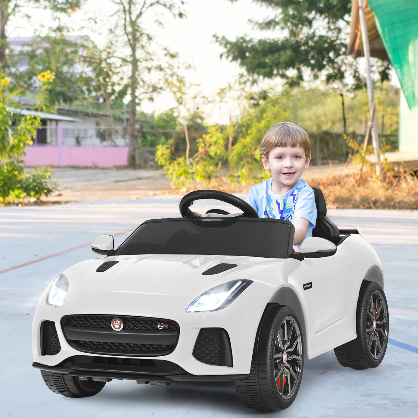 GOPLUS Jaguar Voiture Electrique Enfants 12V avec Télécommande, 3-5 KM/H Sons et Musique, Voiture Electrique Enfant 1 Place pour Enfant 3-8 Ans, Charge 25KG(Blanc)