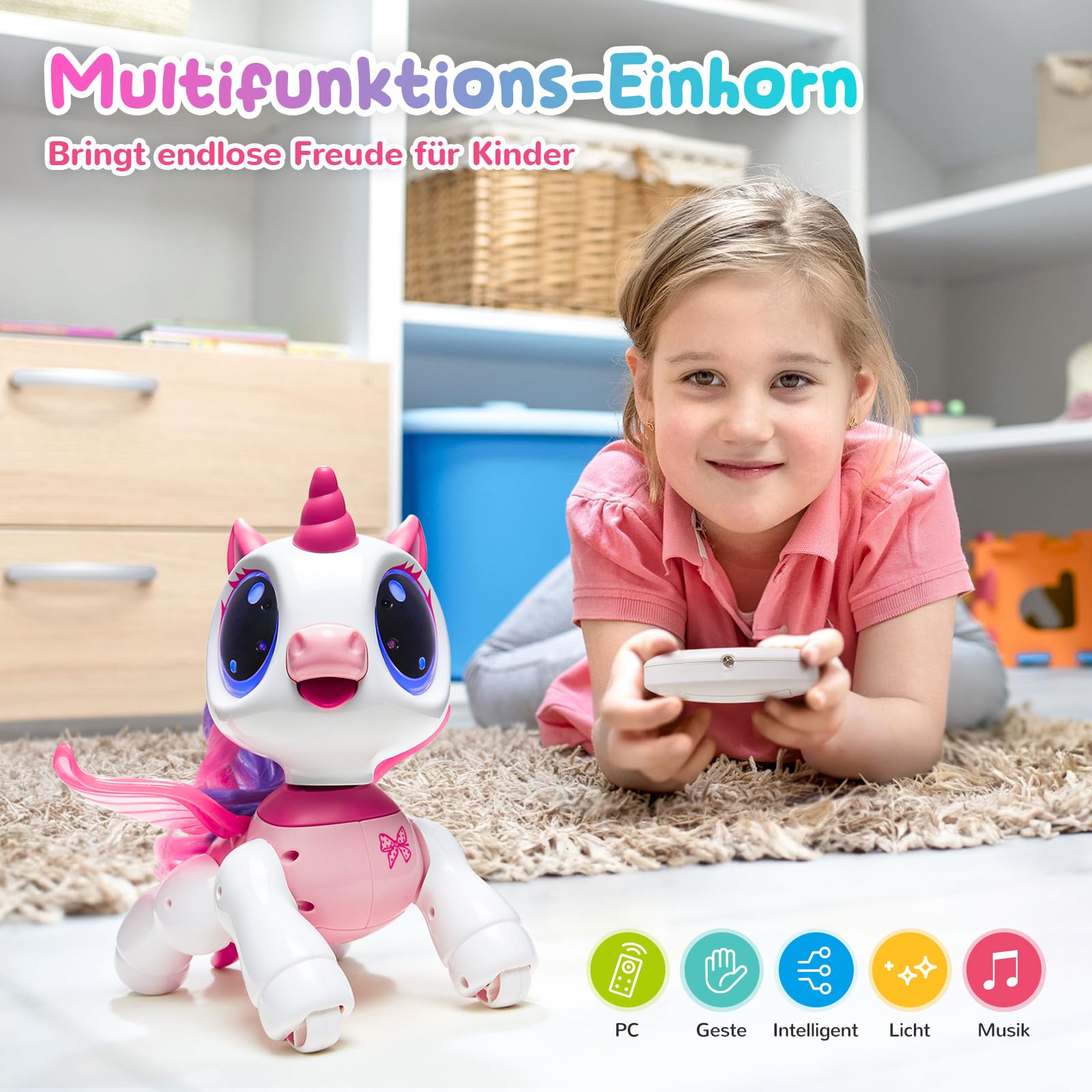 SGILE Roboter Kinder, Einhorn Geschenke für Mädchen, Ferngesteuertes Einhorn Spielzeug mit LED-Augen und Musik, Programmierbarer RC Roboter mit Gestensteuerung für Kinder Geburtstag 3 4 5 6 7 8 Jahre