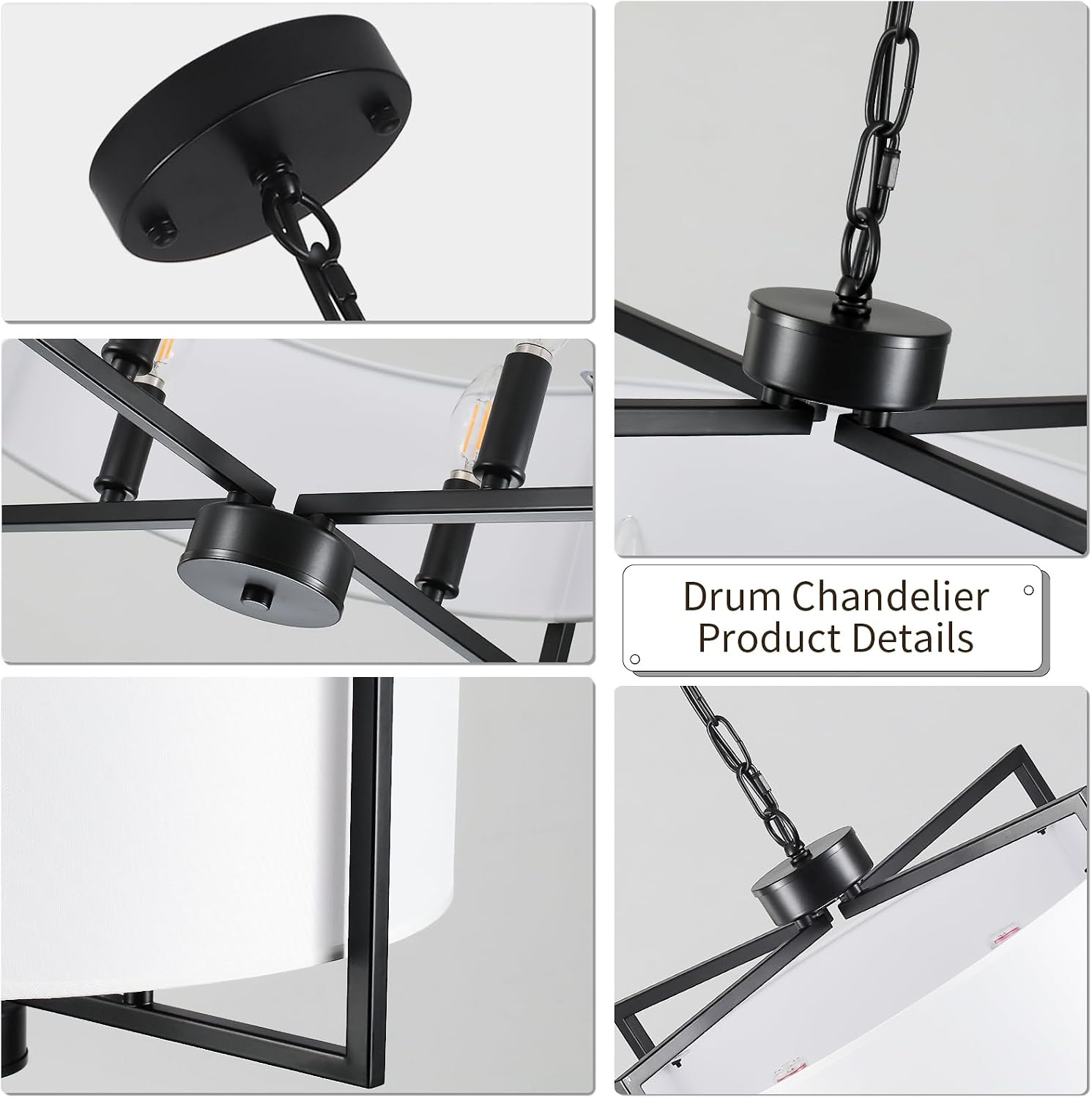 19.7" Drum Pendant Light Fixture, 4 Light Drum Chandelier with Wihte Fabric Lampshade, Farmhouse Kitchen Island Chandeliers over Table Black Hanging Lights Fixture for Dining Room Bedroom Living Room