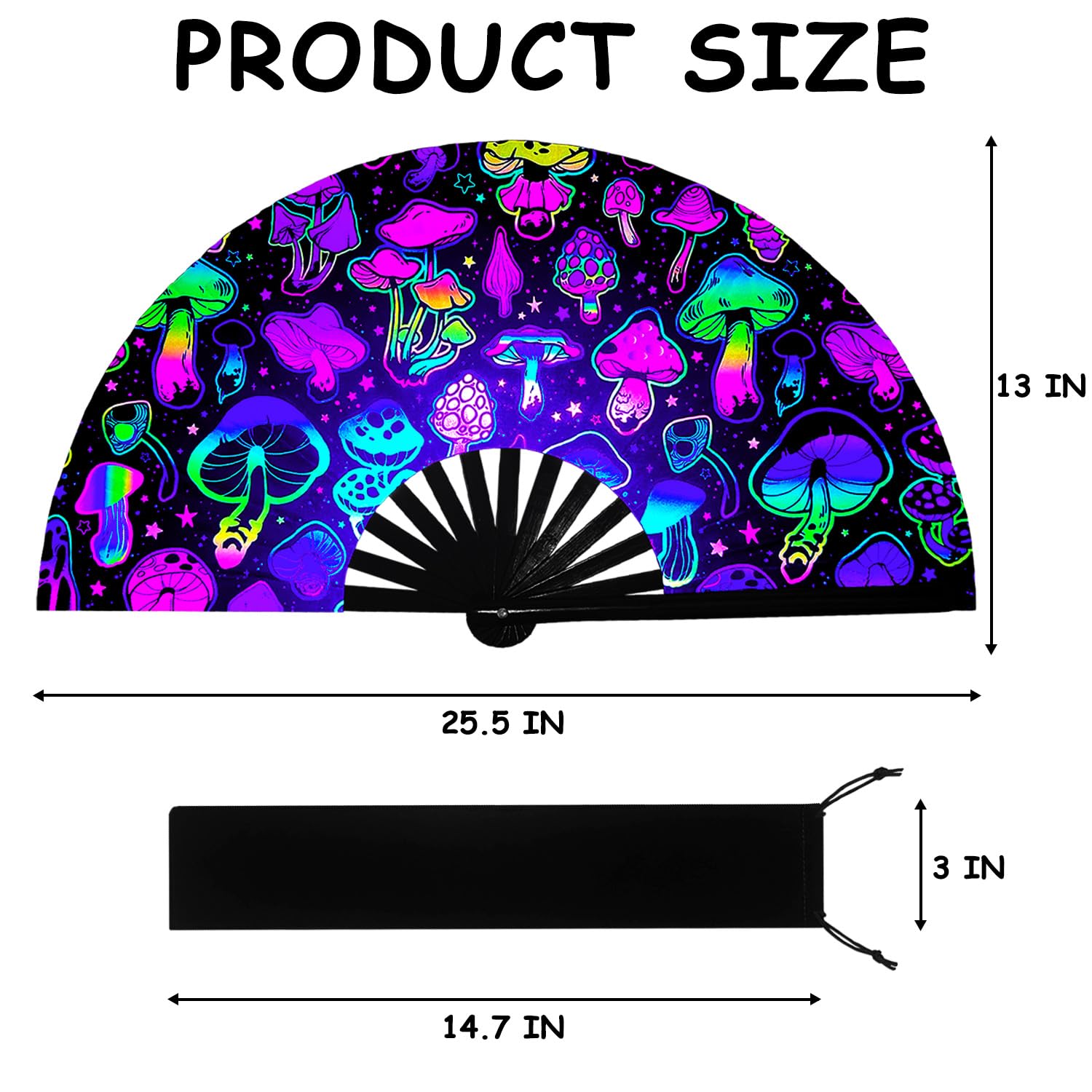 prario UV Glow Clack Handheld Fan with Fan Bag,Large Folding Hand Rave Fan,for Music Festivals,Carnival,Rainbow Outfits,Disco Party,Neon Party,Halloween,Burlesque,Drag Queen & Glow Party Decorations