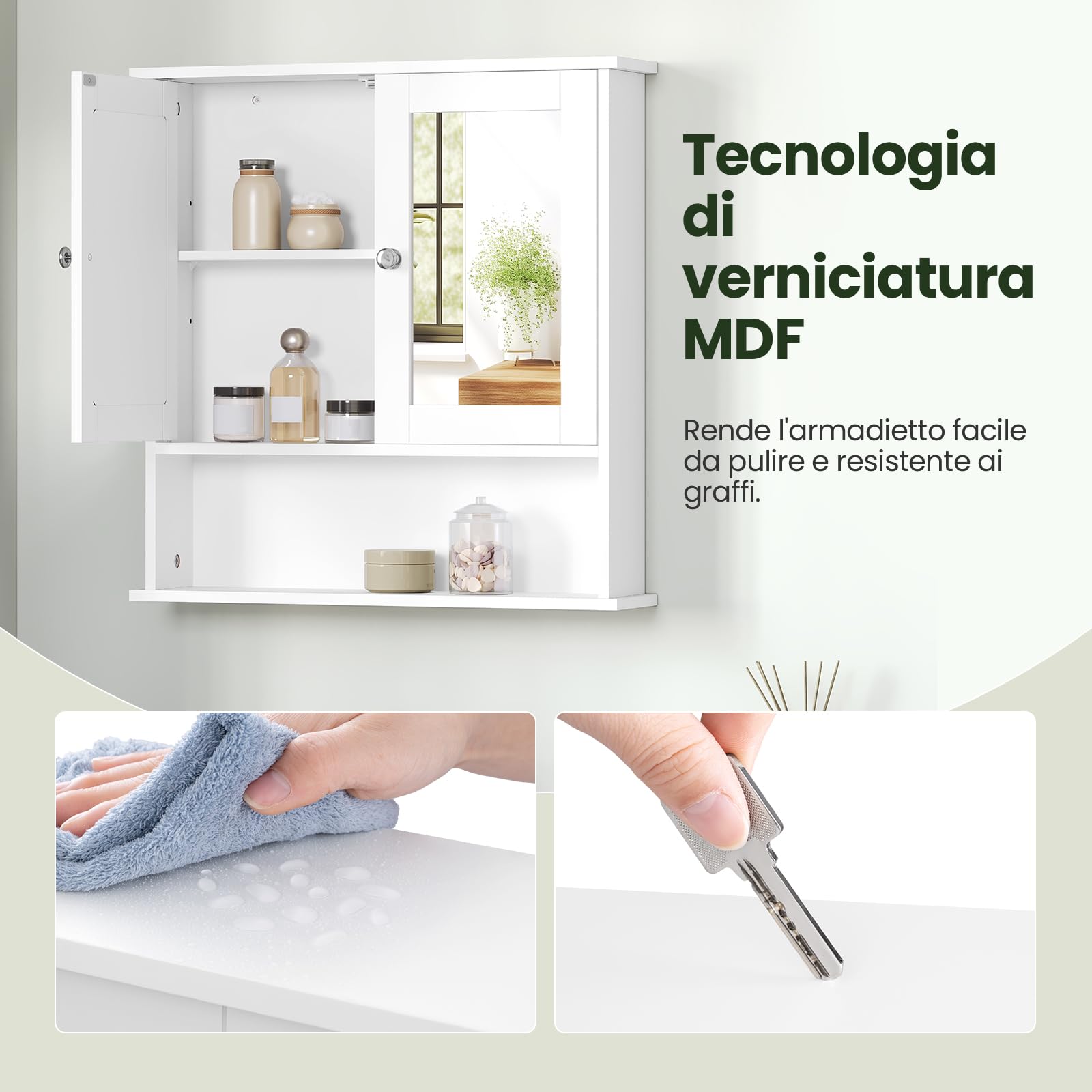 EUGAD Mobiletto Pensile da Bagno con Specchio Salvaspazio Armadietto da Lavabo con Due Porte 56 * 13.5 * 58.5cm Bianco