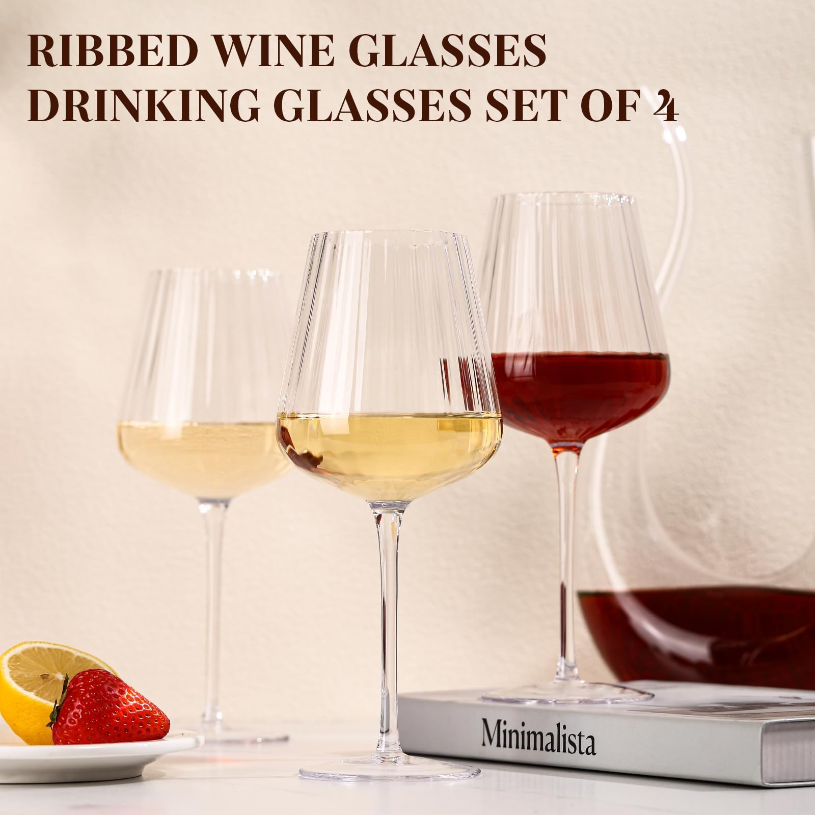 Elegantes, geripptes Weinglas-Set, 400 ml, bleifrei, Kristall, gerippt, Stielgläser für Rot- und Weißwein, Premium-mundgeblasene Gläser für Hochzeiten, Dinnerpartys und besondere Anlässe