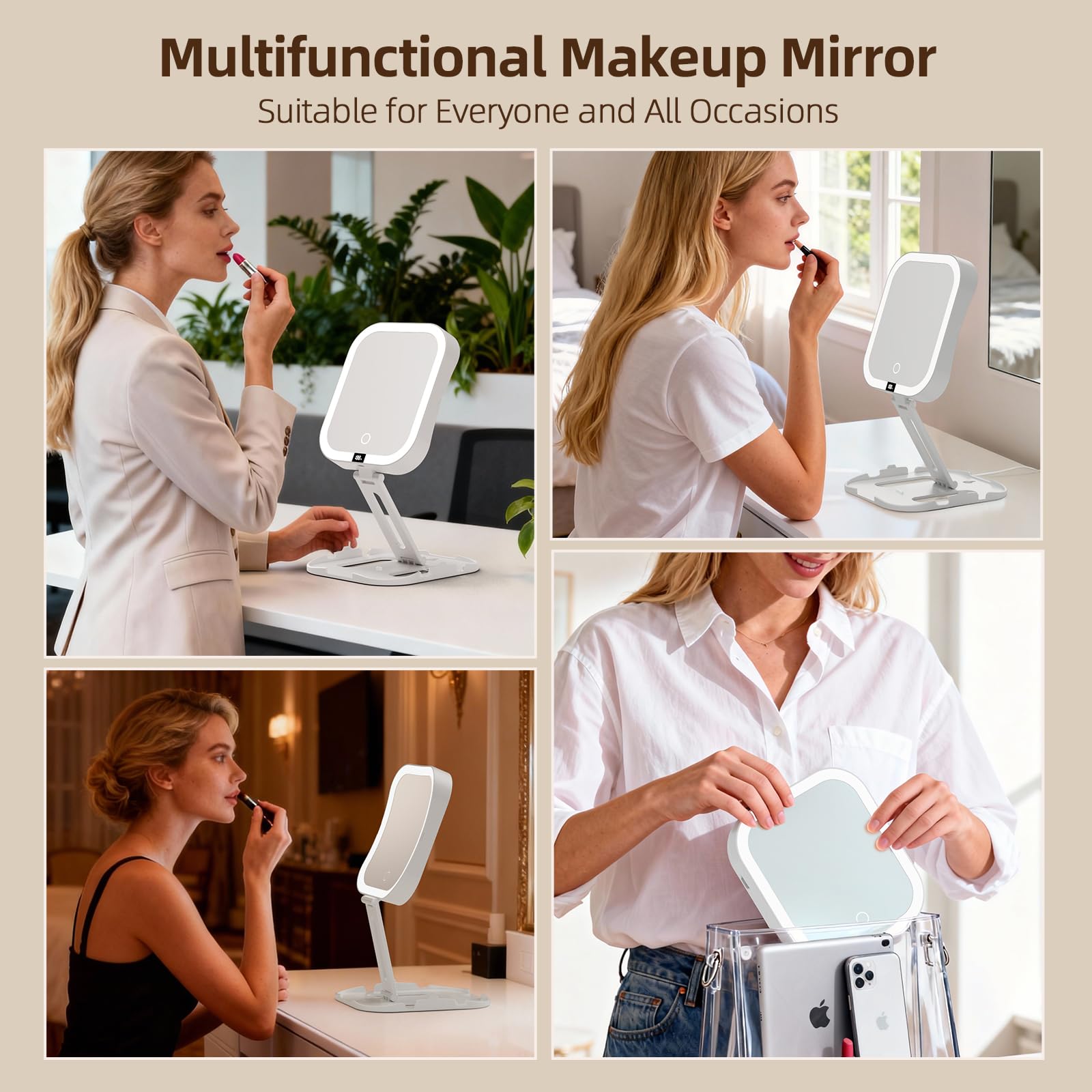Travel Makeup Mirror with Lights, 1X/10X Magnification, Rechargeable