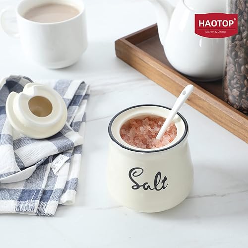 Vista 4 de HAOTOP Farmhouse - Sal de porcelana con tapa y cuchara, 12 onzas, fácil de limpiar (beige)