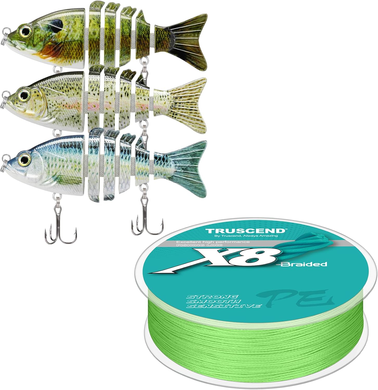 TRUSCEND Fishing Lures for Bass Trout and Braided Fishing Line 20lb-300yds, Multi Jointed Swimbaits Slow Sinking Bionic Swimming Lures Bass Freshwater Saltwater Bass Lifelike Fishing Lures Kit