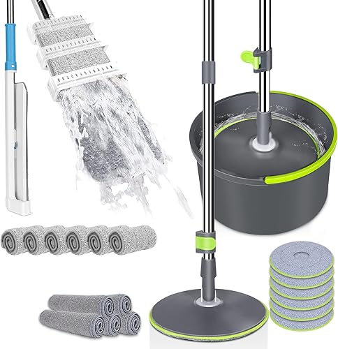 Masthome Fregona plana autoescurrida con 6 almohadillas de microfibra, juego de trapeador giratorio y cubo con 6 almohadillas reutilizables, fregona
