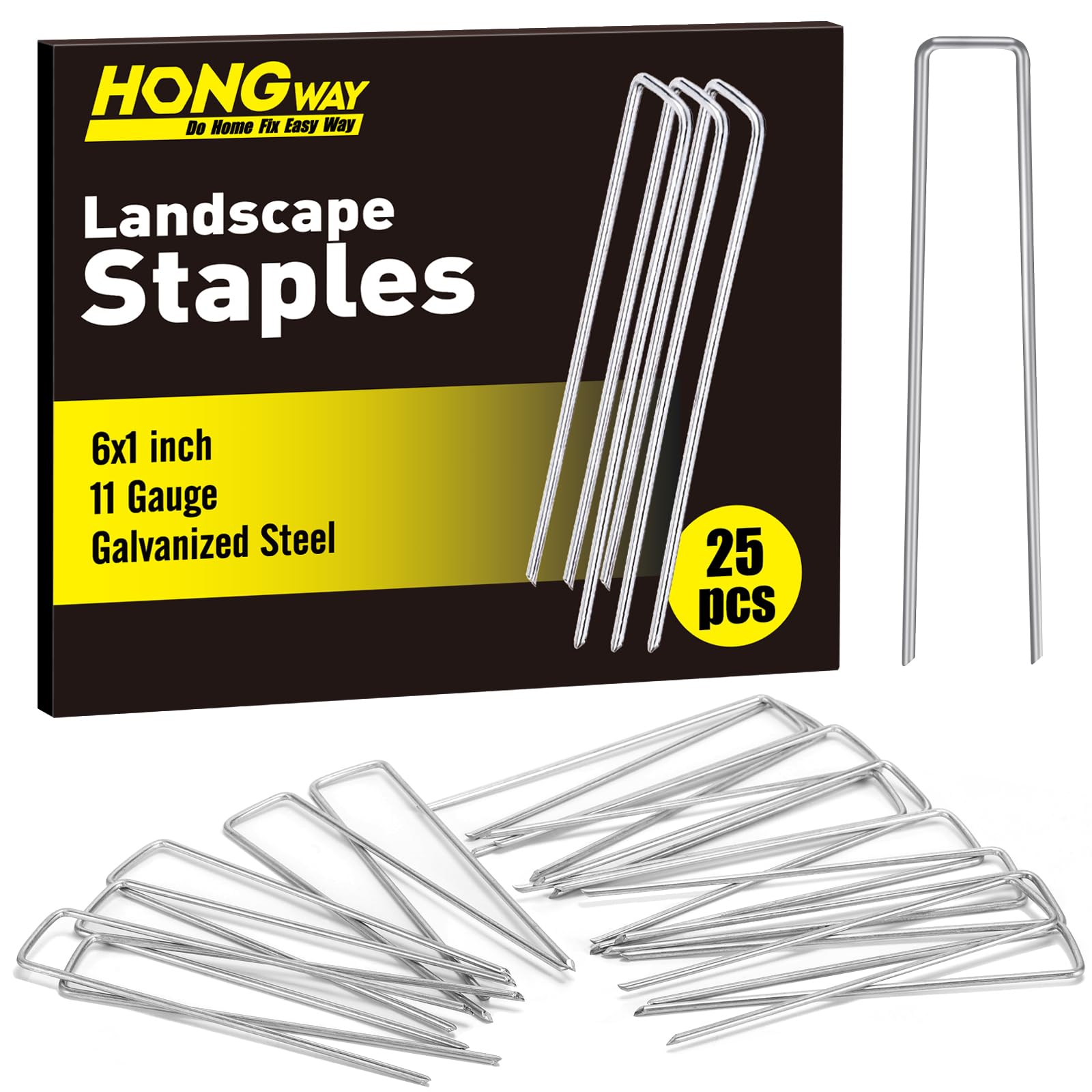 HongWay 6 Inch 25pcs Landscape Staples, 11 Gauge Galvanized Garden Stakes and U-Shaped Pins for Landscaping Fabric Weed Barrier Irrigation Tubing