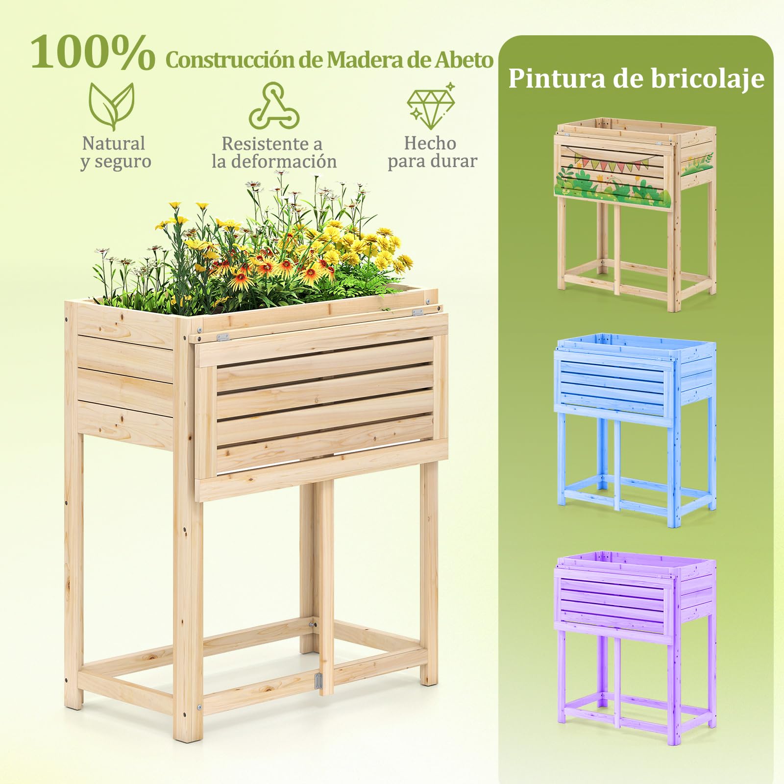 COSTWAY Cama de Jardín Elevada de Madera con Patas, Mesa Lateral Plegable, Drenaje, Caja de Plantación Elevada para Flores Hierbas Verduras Frutas, Jardinera Interior Exterior para Patio Trasero