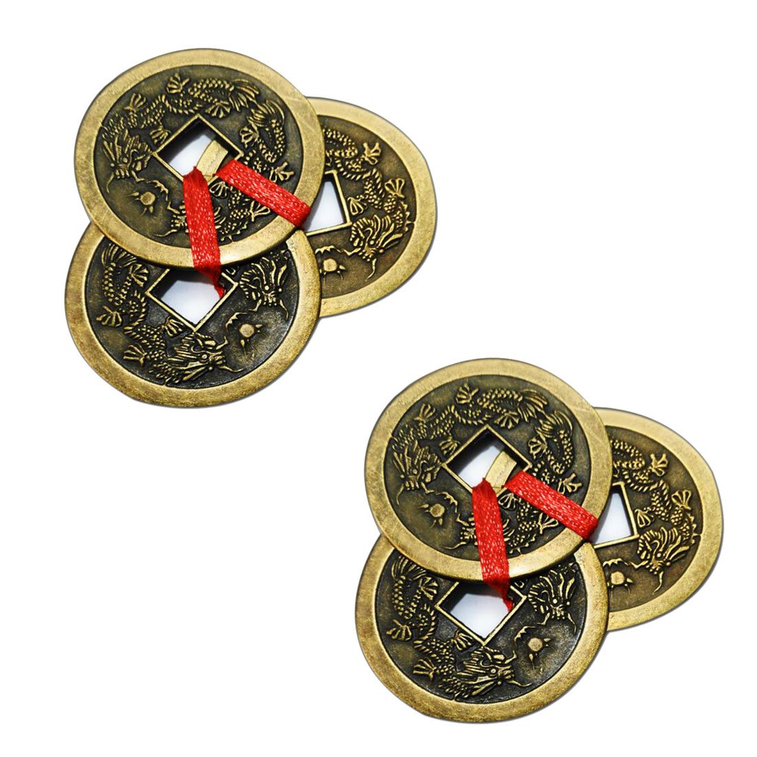 Divya Mantra Feng Shui Chinese Lucky Fortune I-Ching Dragon Coin Ornaments Wealth Charm Amulet 3 Bronze Metal Coins with Hole & Red Ribbon Knot for Good Money Luck, Decoration Charms Set of 2 – Golden
