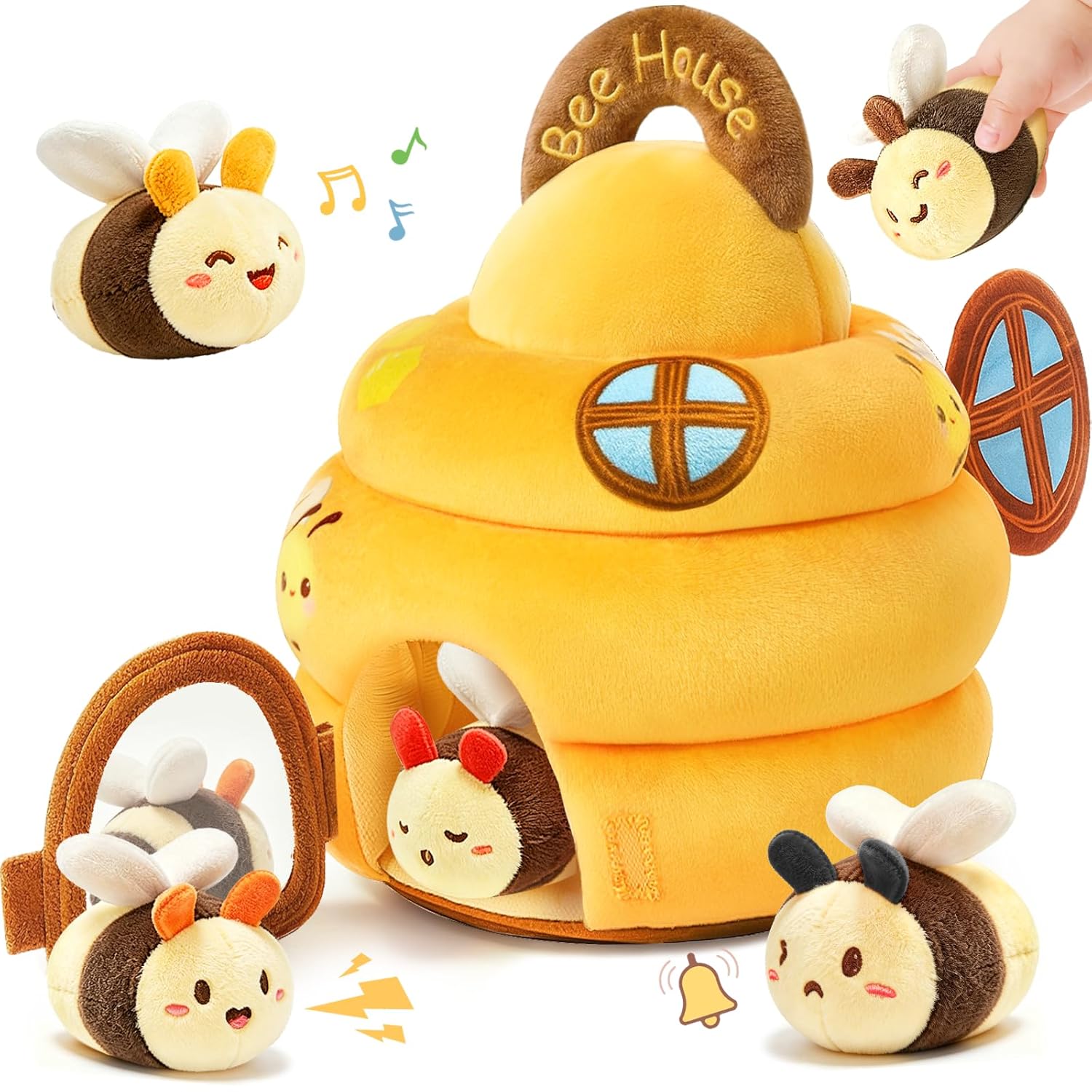 Baby Sensory Toys 0-6 6-12 Months, Soft Beehive Toy with 5 Plush Bees, Rattle Crinkle Squeaker Mirror, Music, Montessori Toys for Toddlers 1-3 Year Old Boys Girls Birthday Gifts