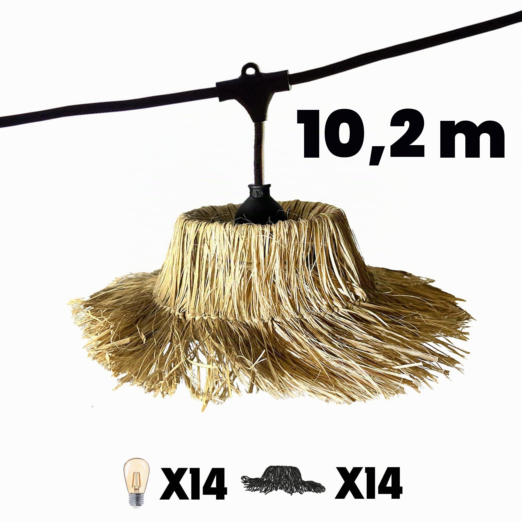 Guirlande lumineuse extérieure raccordable 10.2m avec 14 ampoules LED filament E27 blanc chaud TAHITI LIGHT Abat-jour en paille bohème