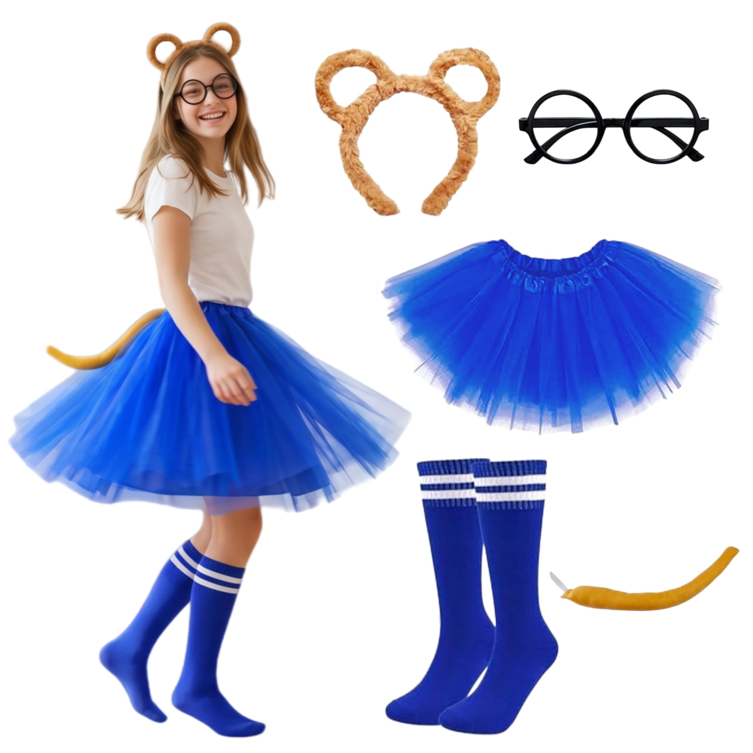 Arglfty 5 Pcs Chipmunks Costumes Set, Cute Cosplay Outfit With Chipmunk Ears Headband, Round Glasses, Tutu Skirt, Striped Knee Socks & Plush Tail For Halloween, Carnival, World Book Day (blue)
