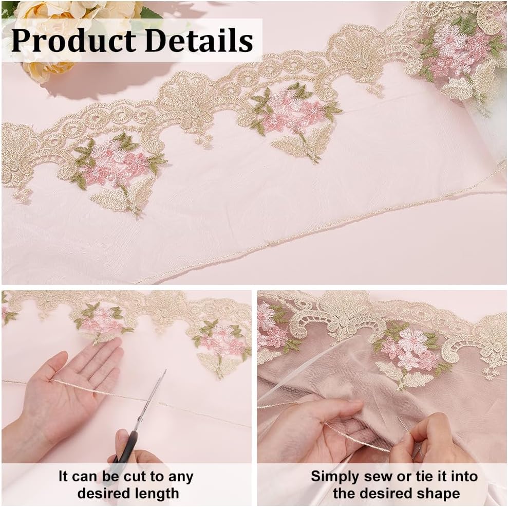 FINGERINSPIRE 5 Yards Floral Embroidery Lace Sewing Mesh Tulle 7-1/2" Wide Embroidery Hollow Flower Mesh Lace Trim Ivory White Polyester Floral Tulle Edge Trim Ribbon for Wedding Dresses Decor