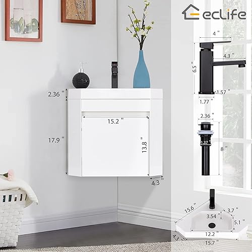 Miniatura 6 de eclife Combo de lavabo de baño esquinero de 22 pulgadas para espacio pequeño montado en la pared, gabinete flotante con fregadero de resina blanca y