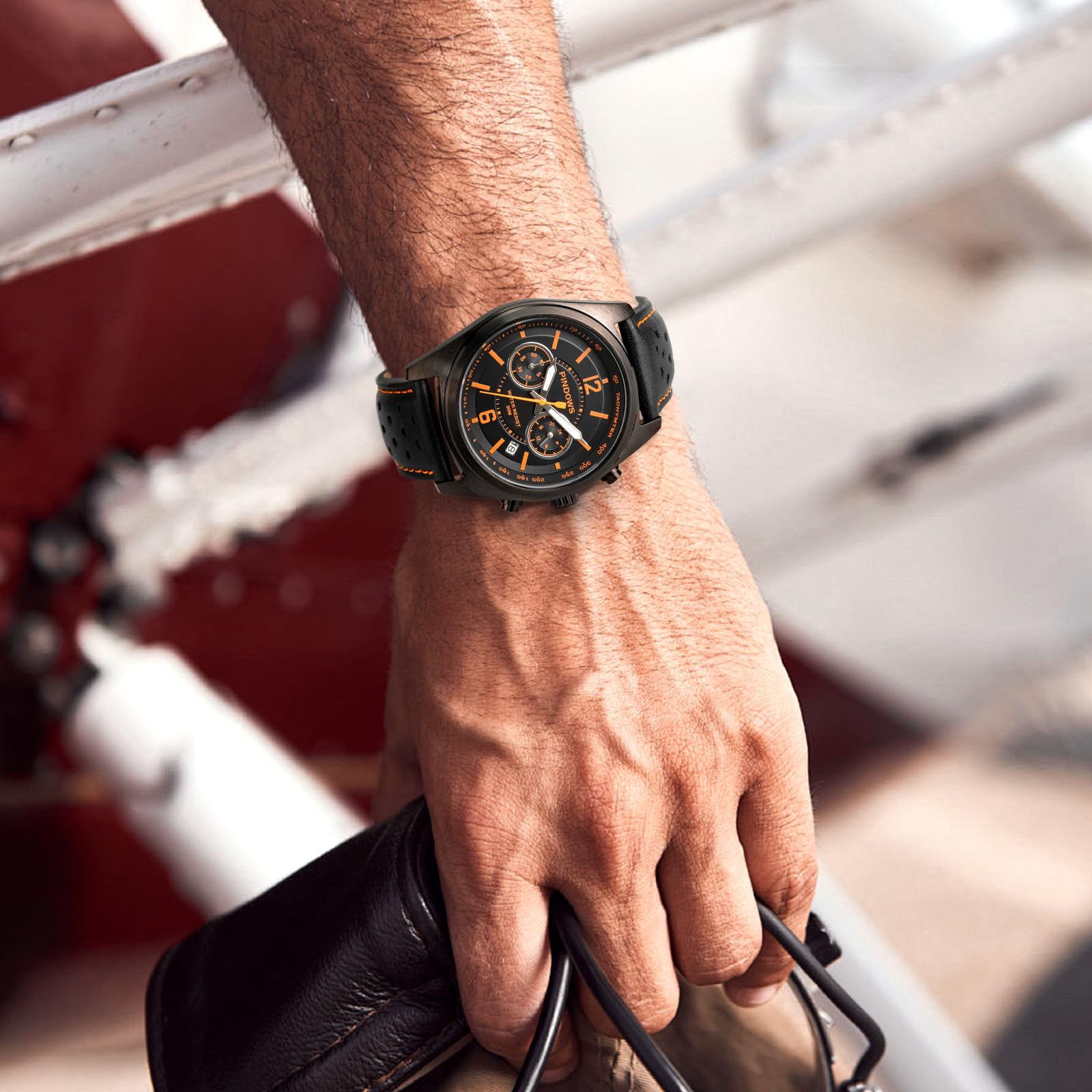PINDOWS Orologio da polso da uomo, in pelle nero-marrone, cronografo, orologi al quarzo alla moda