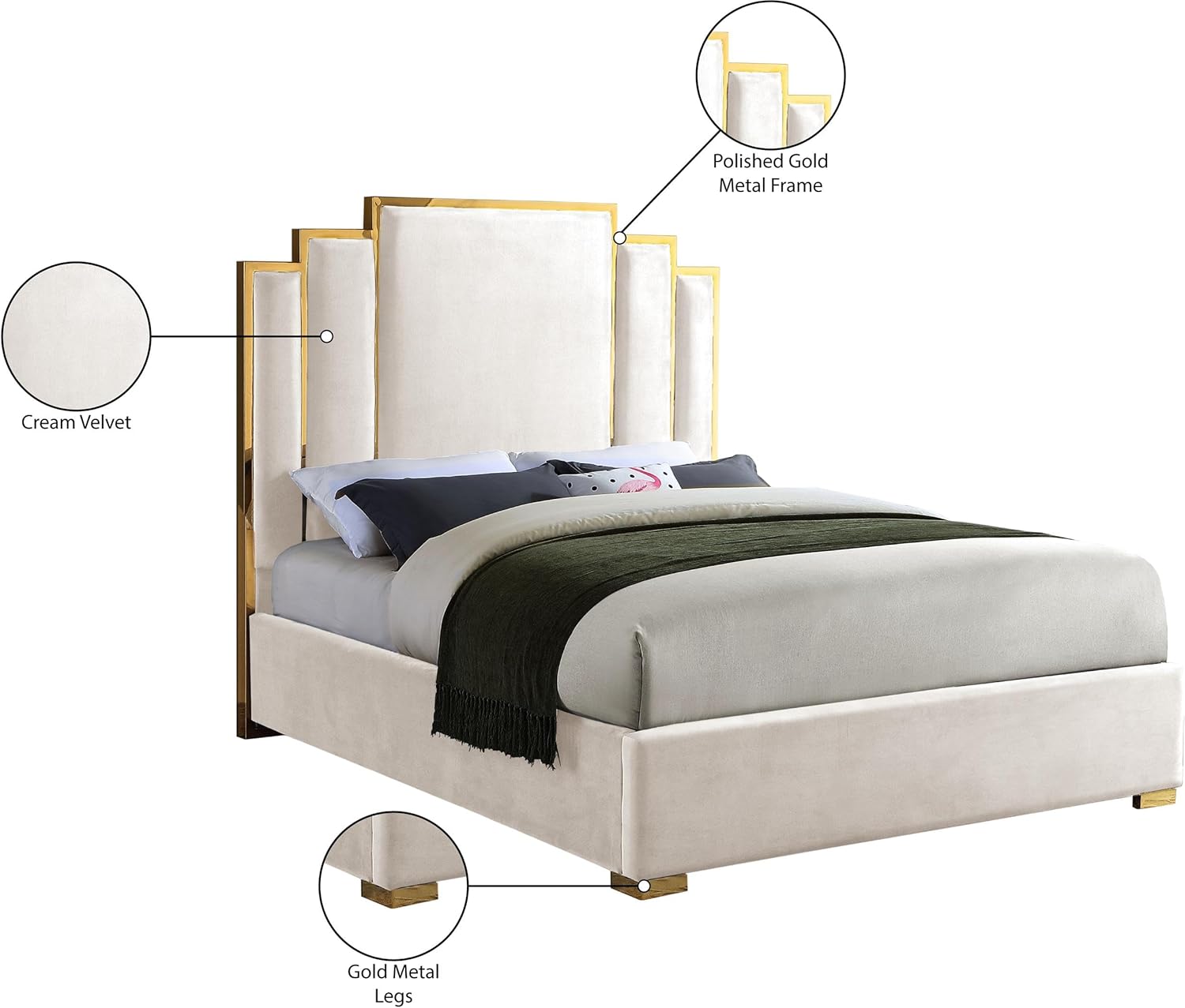Meridian Furniture Hugo Collection Modern | Contemporary Velvet Upholstered Bed with Polished Gold Metal Frame and Legs, King, Cream