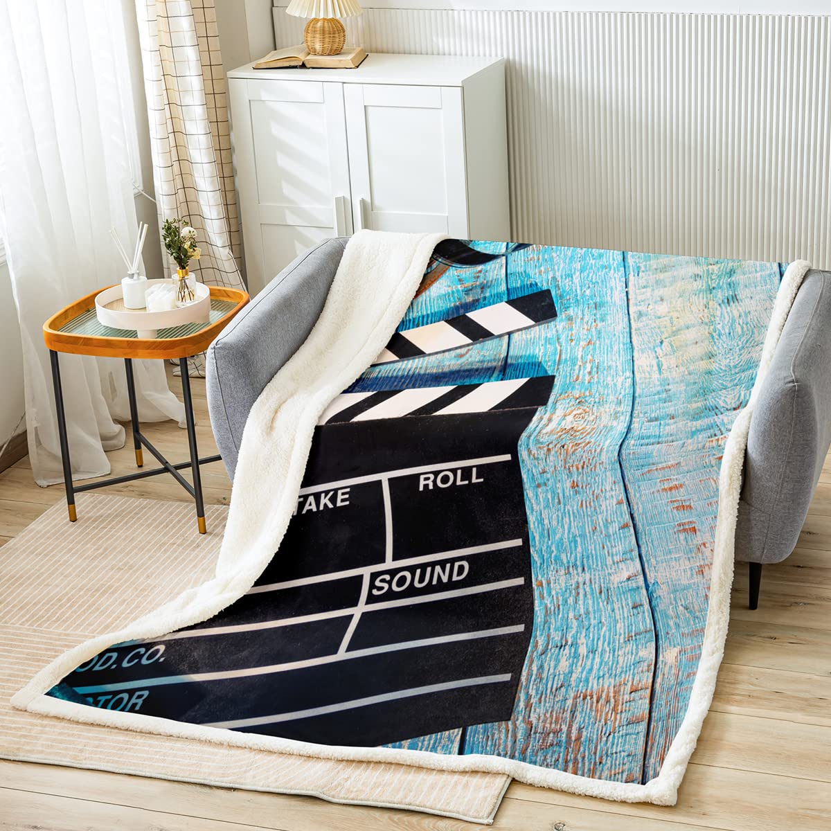 Coperta in pile a tema cinema vintage per bambini retrò film peluche coperta cinema poster design coperta sherpa decorazione camera da letto blu nero sfocato coperta regina 200 x 200 cm