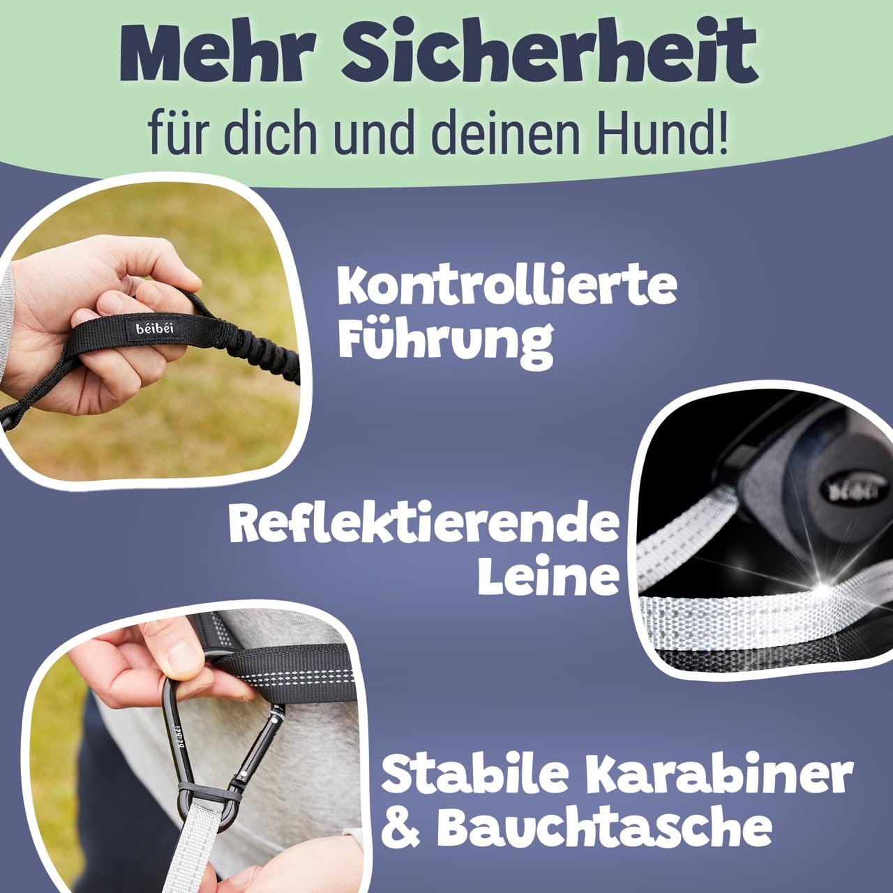 Handsfree Hundeleine mit Bauchtasche & Hüftgurt – Nie Wieder Leine in der Hand | Stoßdämpfer, Einziehmechanismus, 2 Sicherheitsgriffe & Reflektor | Jogging & Canicross 5–40 kg (Größe L)