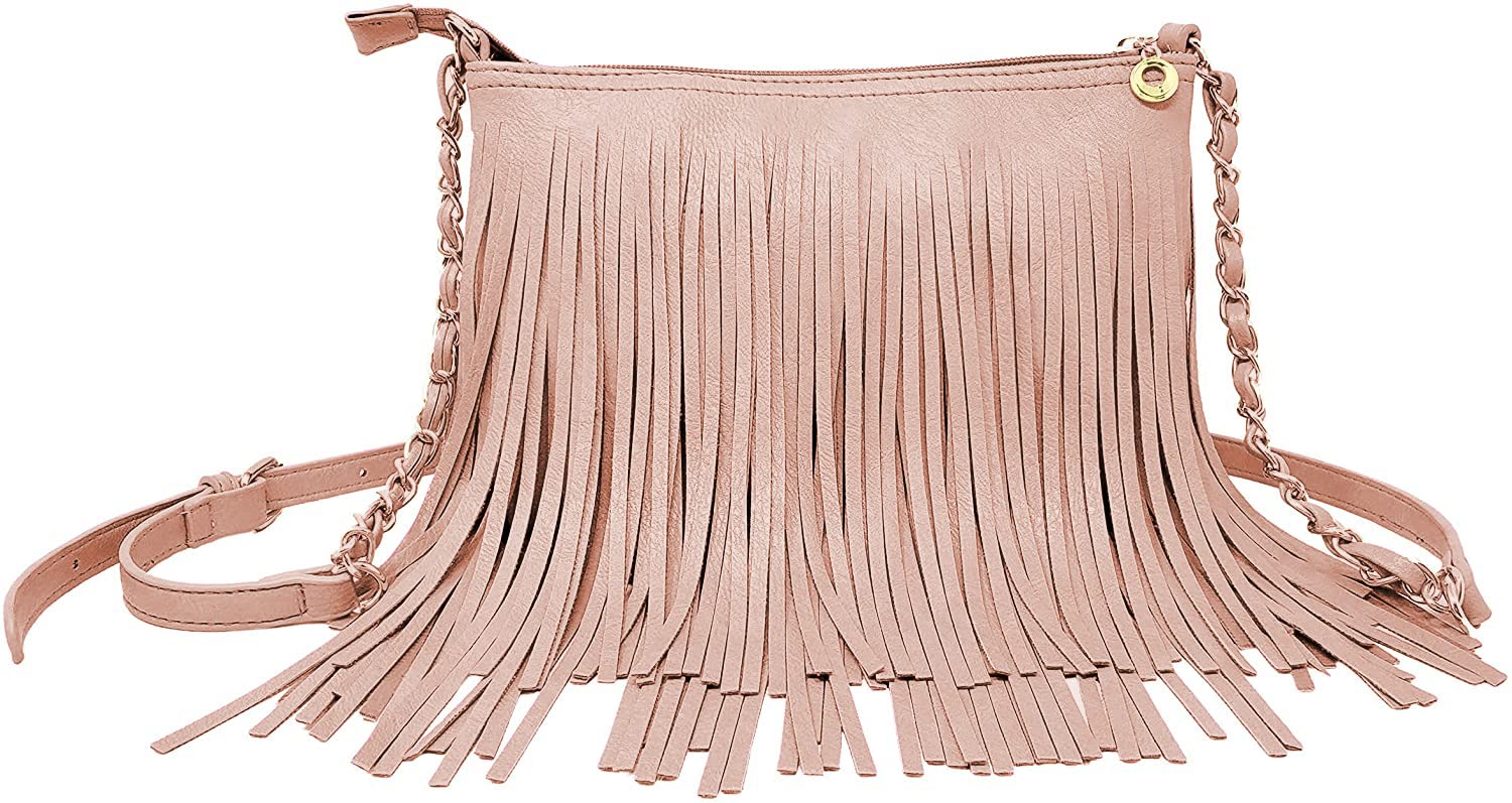 Solene Fringe Crossbody Shoulder Bag with Strap, Tassel Messenger Bag, Country Style Western Fringe Purse for Women, Rose Pink, Medium