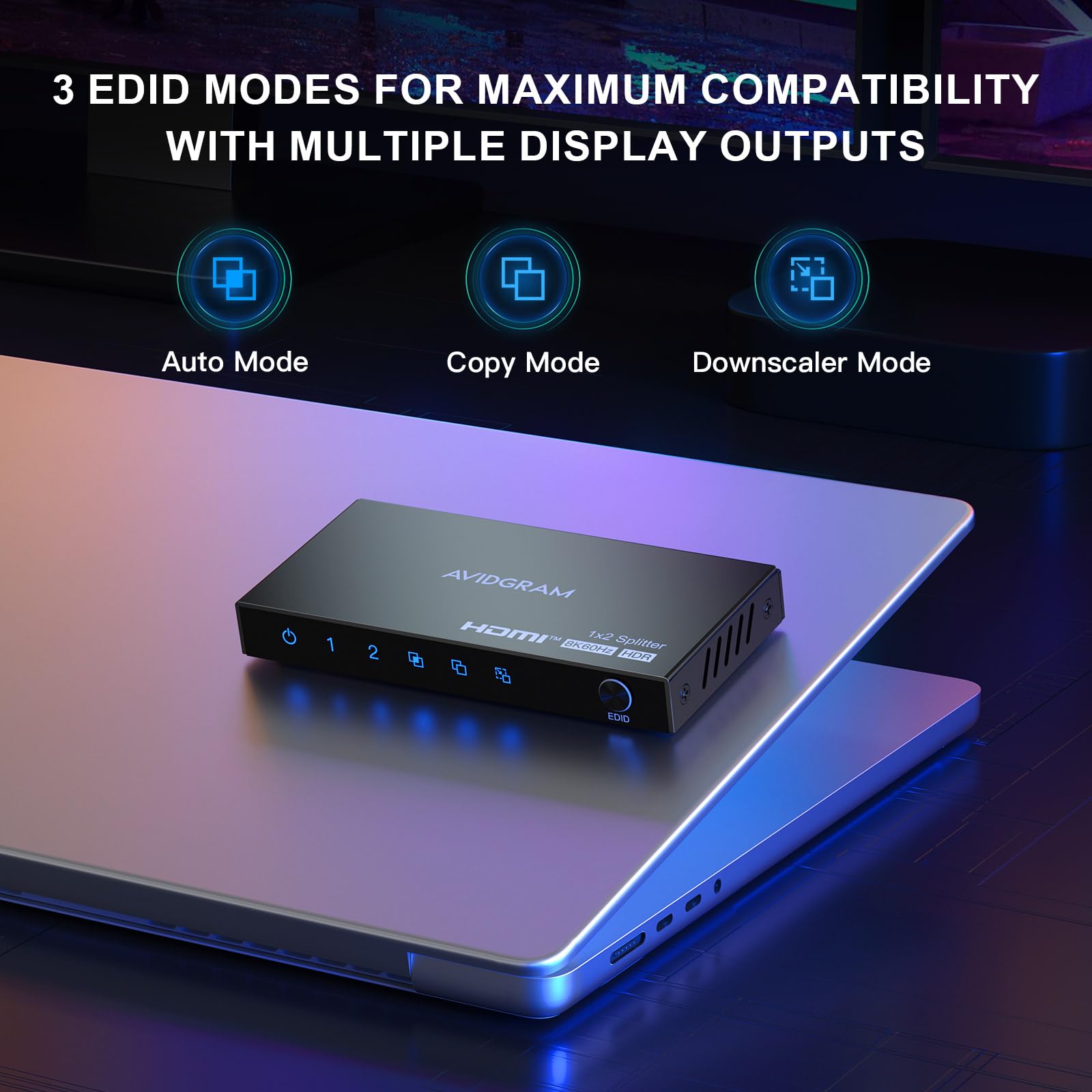 Splitter HDMI 1 in 2 Out 8K 60Hz, AVIDGRAM 2.1 HDMI Distributore 1 in 2 Out con downscaler, copia e supporto per la modalità automatica 4K 120Hz, 1080p 120Hz, HDMI2.0, HDCP 2.3 HDR10 40Gbps