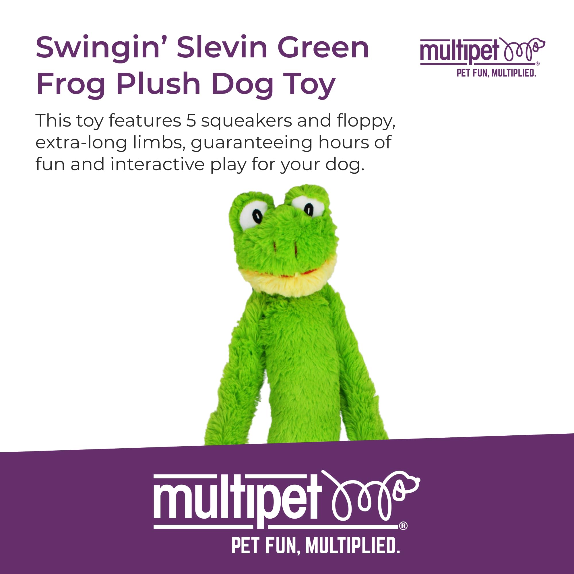 MULTIPET Swingin' Slevin XXL pluszowa zabawka dla psa, 71 cm, zielona żaba z bardzo długimi rękami i nogami, wiele piszczących, idealna dla dużych ras