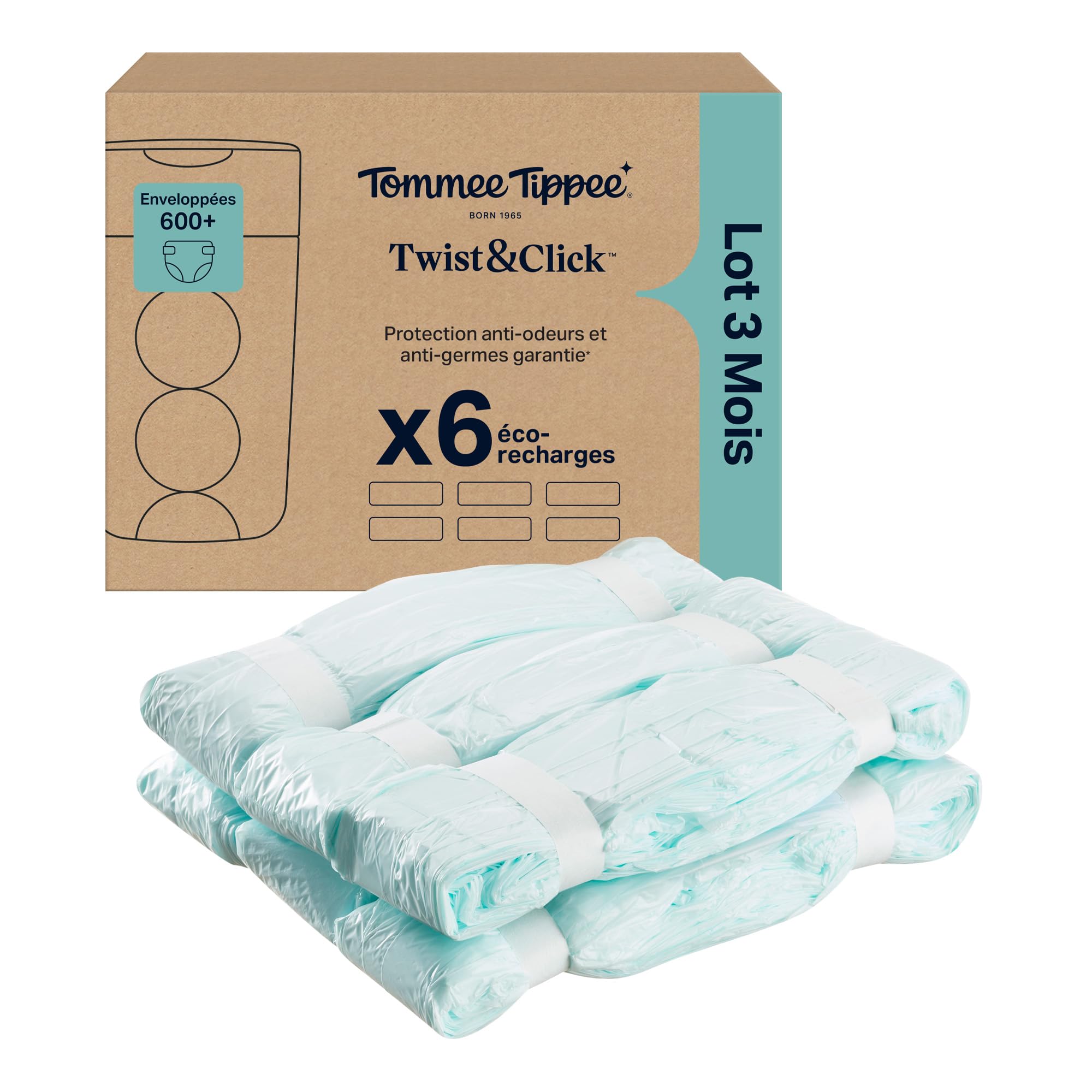 Tommee Tippee Film de Recharge Poubelle à couches Twist & Click, Lot de 6, 10,5m, Antibactérien