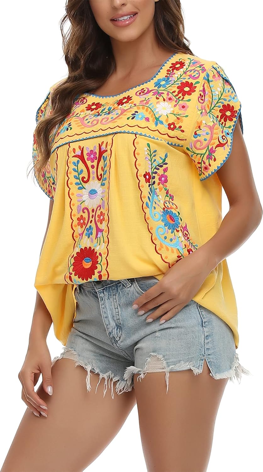 YZXDORWJ Women's Summer Boho Embroidery Mexican Bohemian Tops Shirt Tunic - Image 2