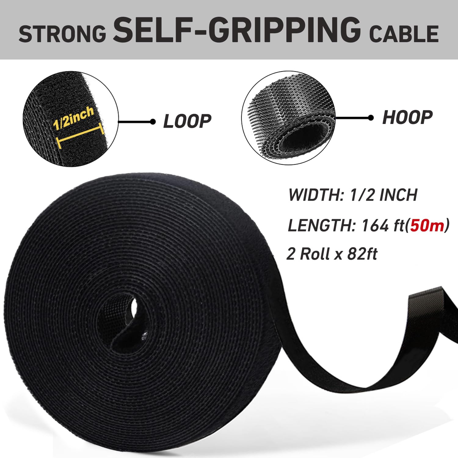 Bridas de sujeción reutilizables de 50 m x 1,3 cm, rollo de gancho y bucle en Hitotsu para gestión de cables, hogar, oficina, cables eléctricos, centro de datos, habitación de anfitrión, negro, 2