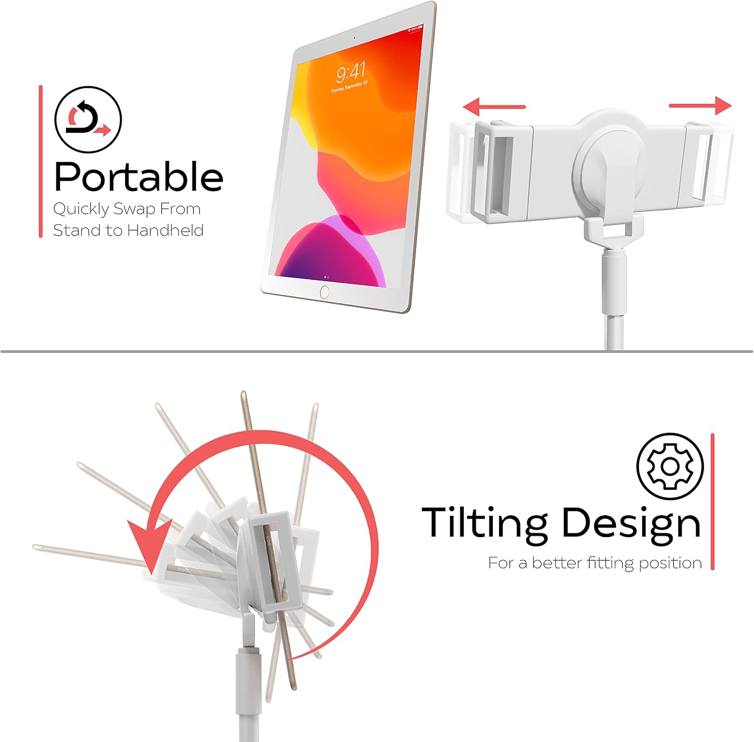 CTA Digital Universal Desk Mount Universal Quick Connect Floor Stand for iPad 10th Gen 10.9"- iPad mini 5- iPad Gen 7/8/9- iPad Pro 12.9"- Galaxy Tab S3 9.7”- Galaxy Tab A & More - White (PAD-QCFSW)