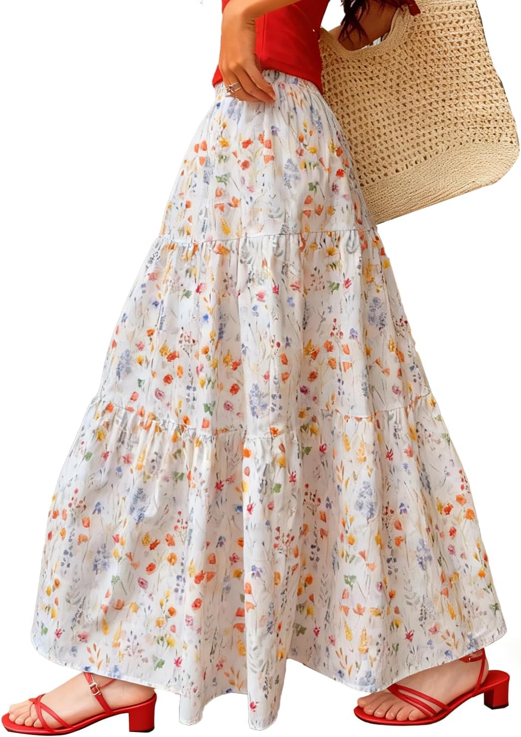 materasu Women's Elastic High Waist Pleated A-Line Flared Floral Maxi Skirts