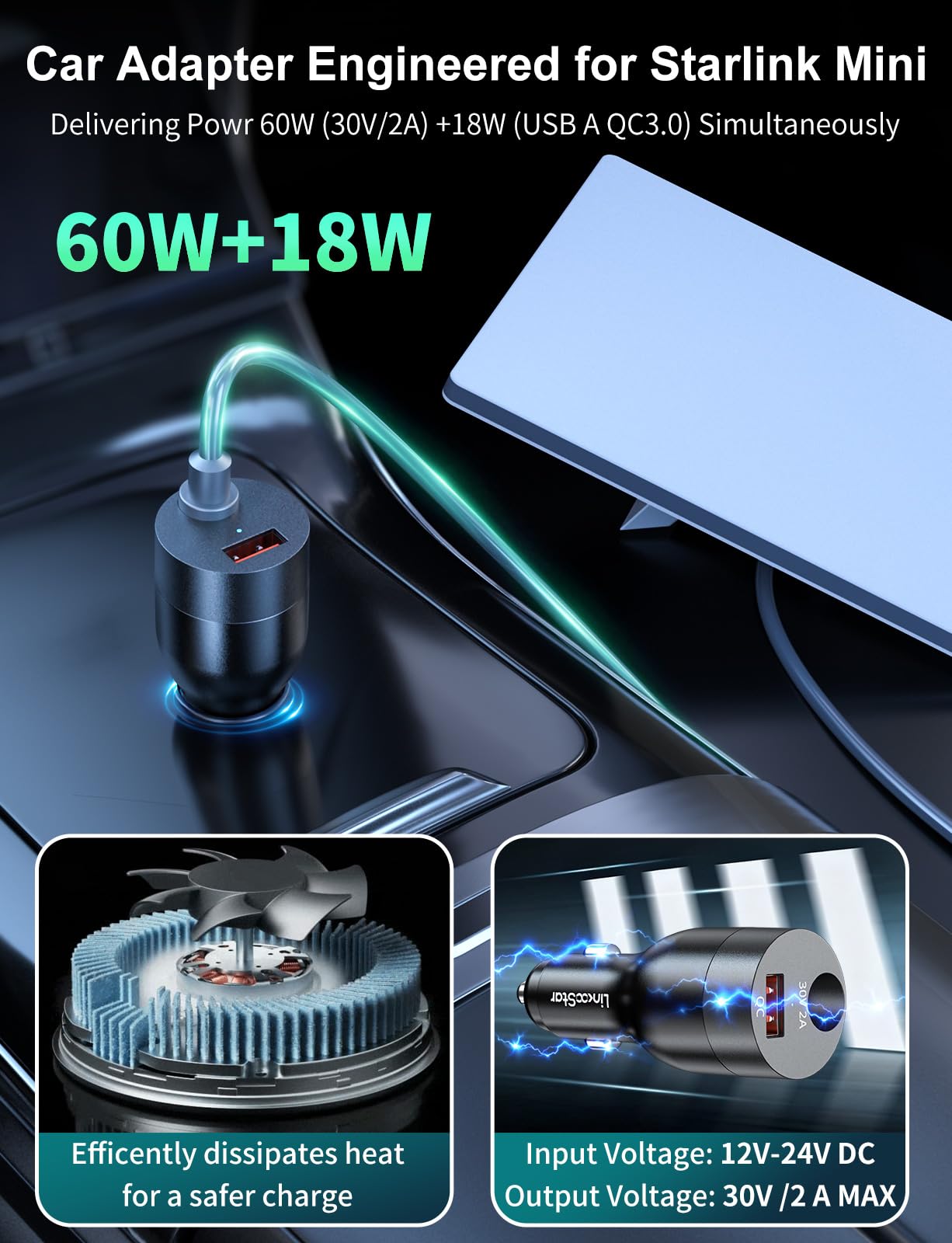 Starlink, mini adattatore per auto da 60 W, da 12 V a 24 V CC, convertitore step up per cavo ufficiale 16 AWG 30 m, adattatore mini 12 V 2 in 1, adattatore per accendisigari da auto con porta USB A da