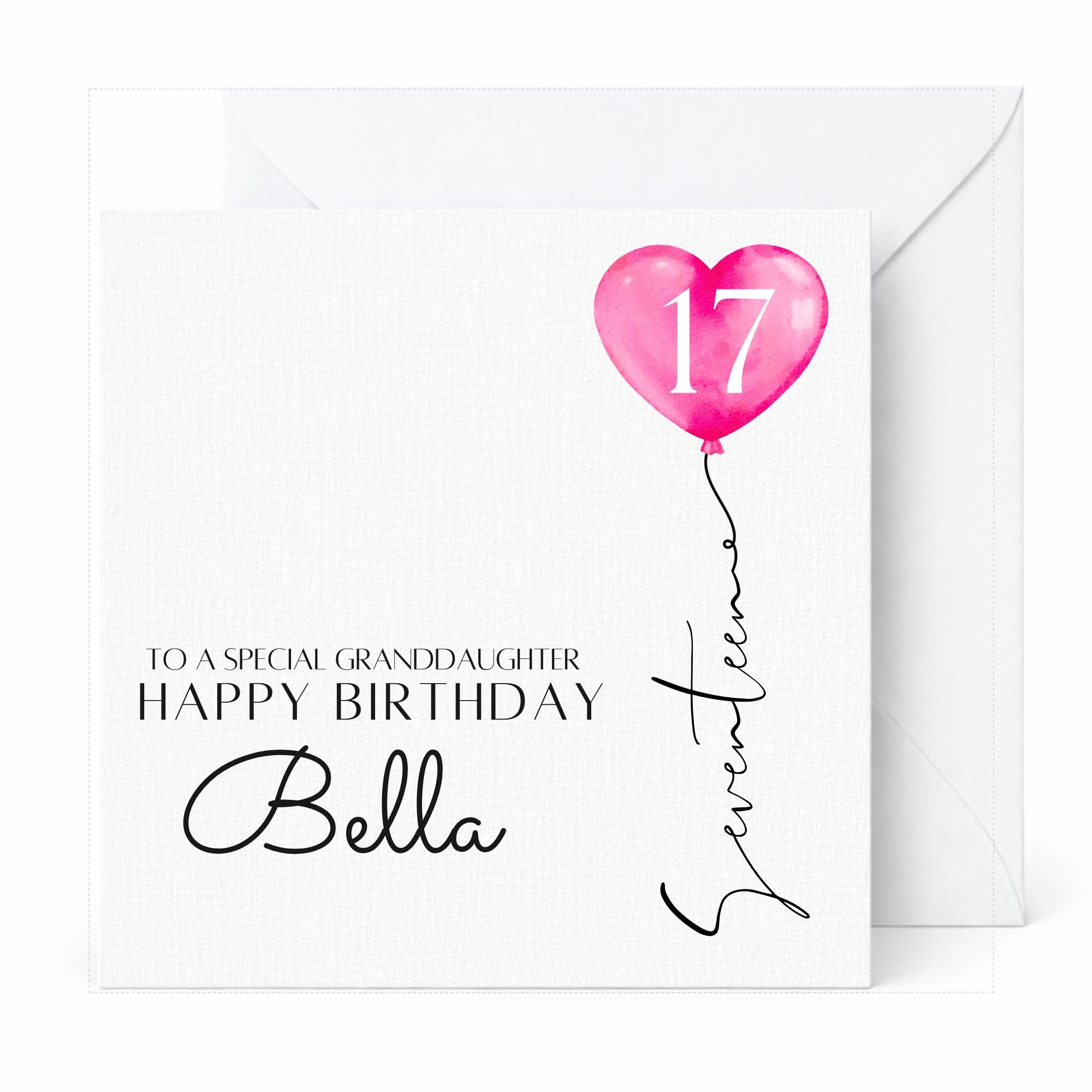 Personalised 17th Birthday Card with Pink Heart Balloon, Custom Name and Optional Relation, Handmade 17th Birthday Card
