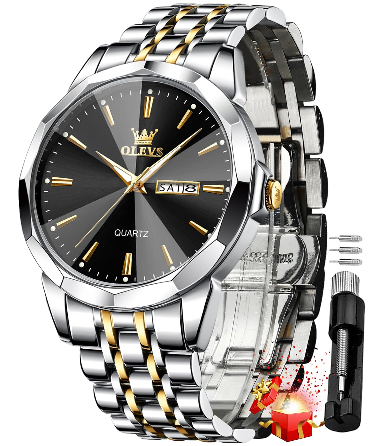 OLEVSMens Wrist Watch Green Big Face Luxury Dress Stainless Steel Analog Quartz Waterproof Chain Watch for Men Date