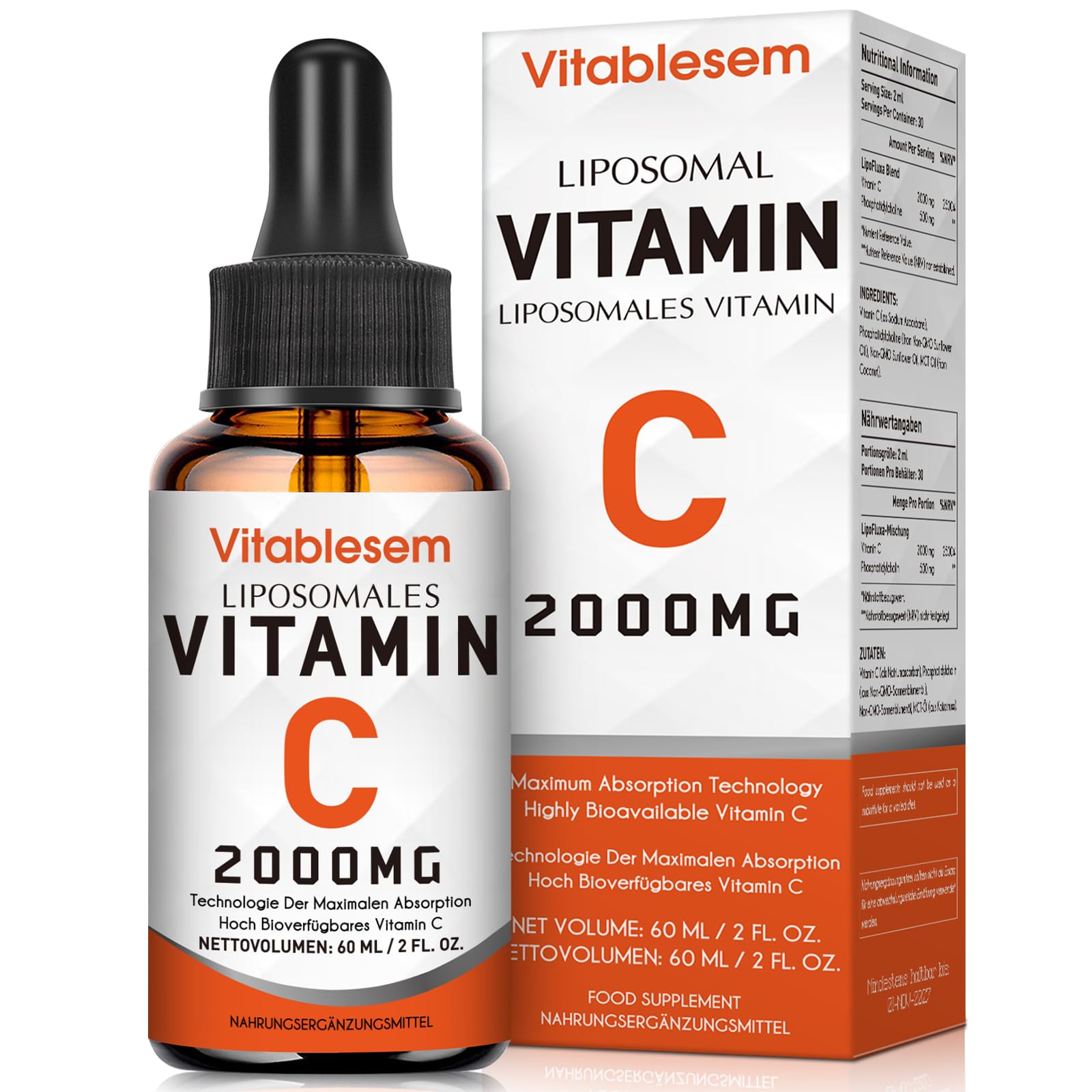 Liposomales Vitamin C Flüssig 2000 mg, Hochdosierte Ascorbinsäure, Maximale Absorption, Hochgradig Bioverfügbar, Sojafrei, Vegan, Gentechnikfrei